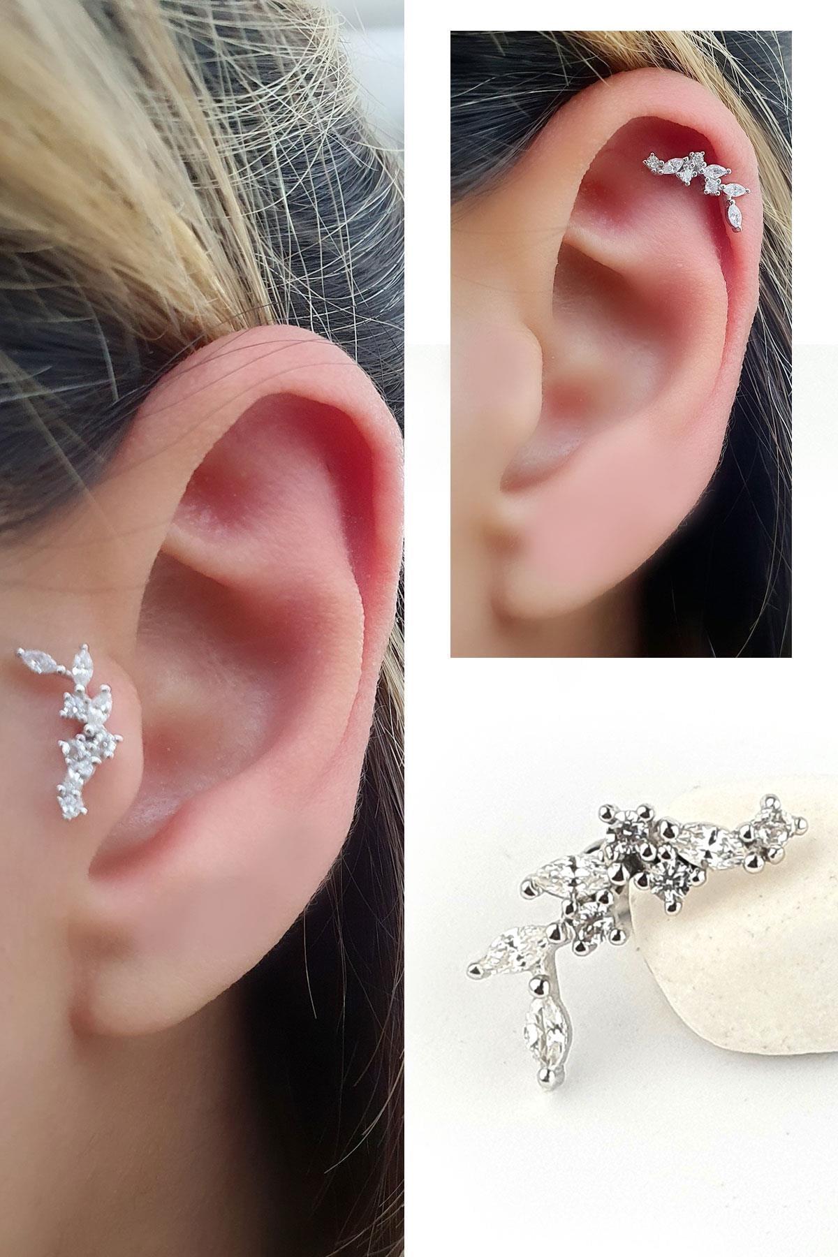 Pırlanta Parlaklığında Zirkon Taşlı 925ayar Gümüş Tragus Kıkırdak Helix Piercing 