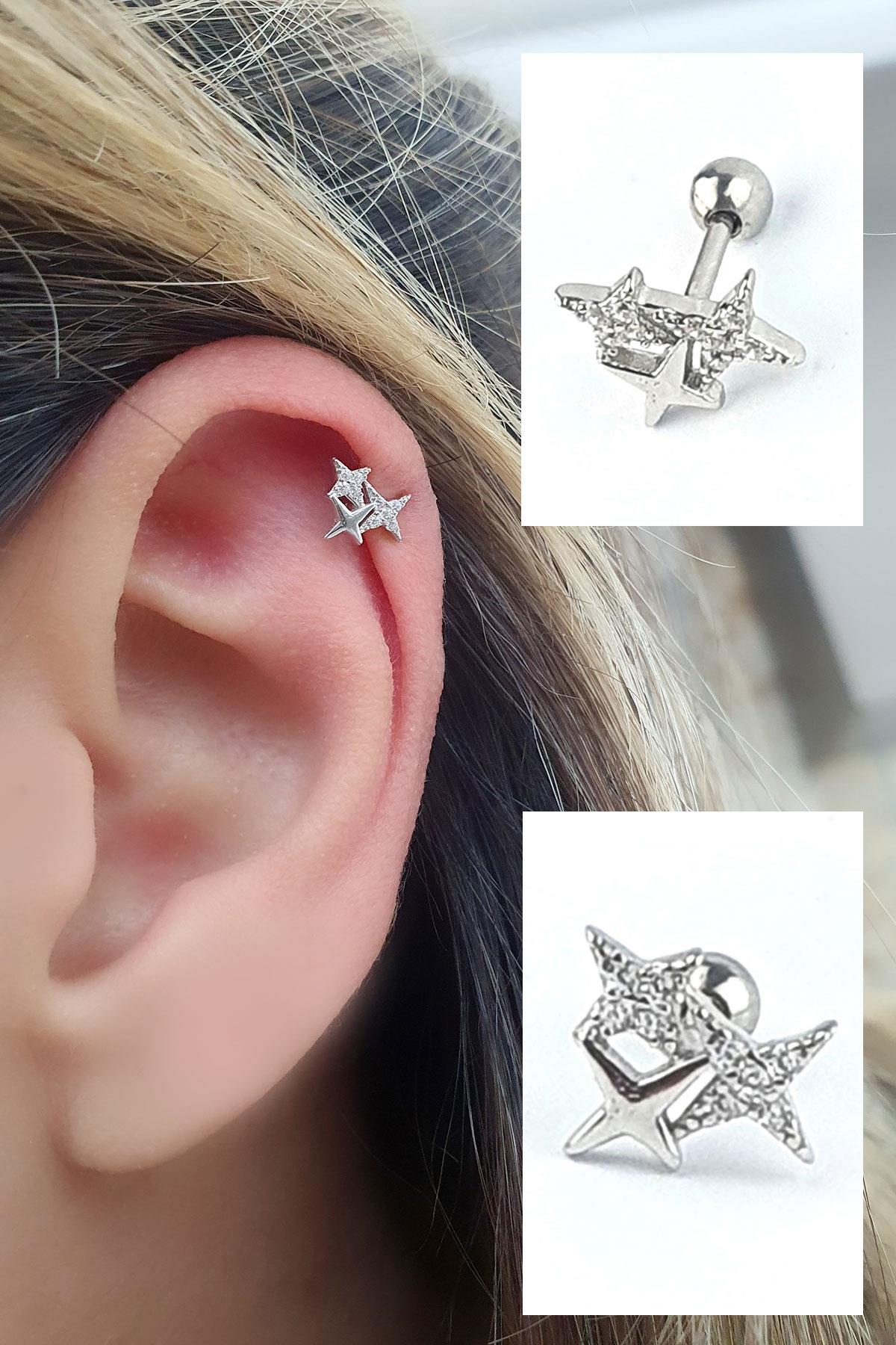 Pırlanta Parlaklığında Zirkon Taşlı Kutup Yıldızı Figürlü 925ayar Gümüş Tragus Kıkırdak Helix Piercing 