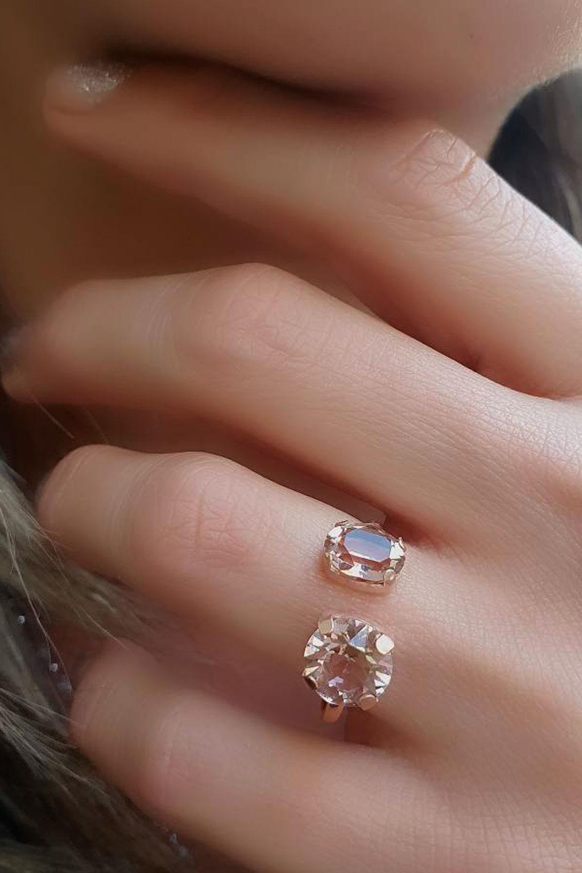 Şampanya Renkli Swarovski Taşlı 925ayar Gümüş Üzerine Rose Altın Kaplama Ayarlanabilir Yüzük 