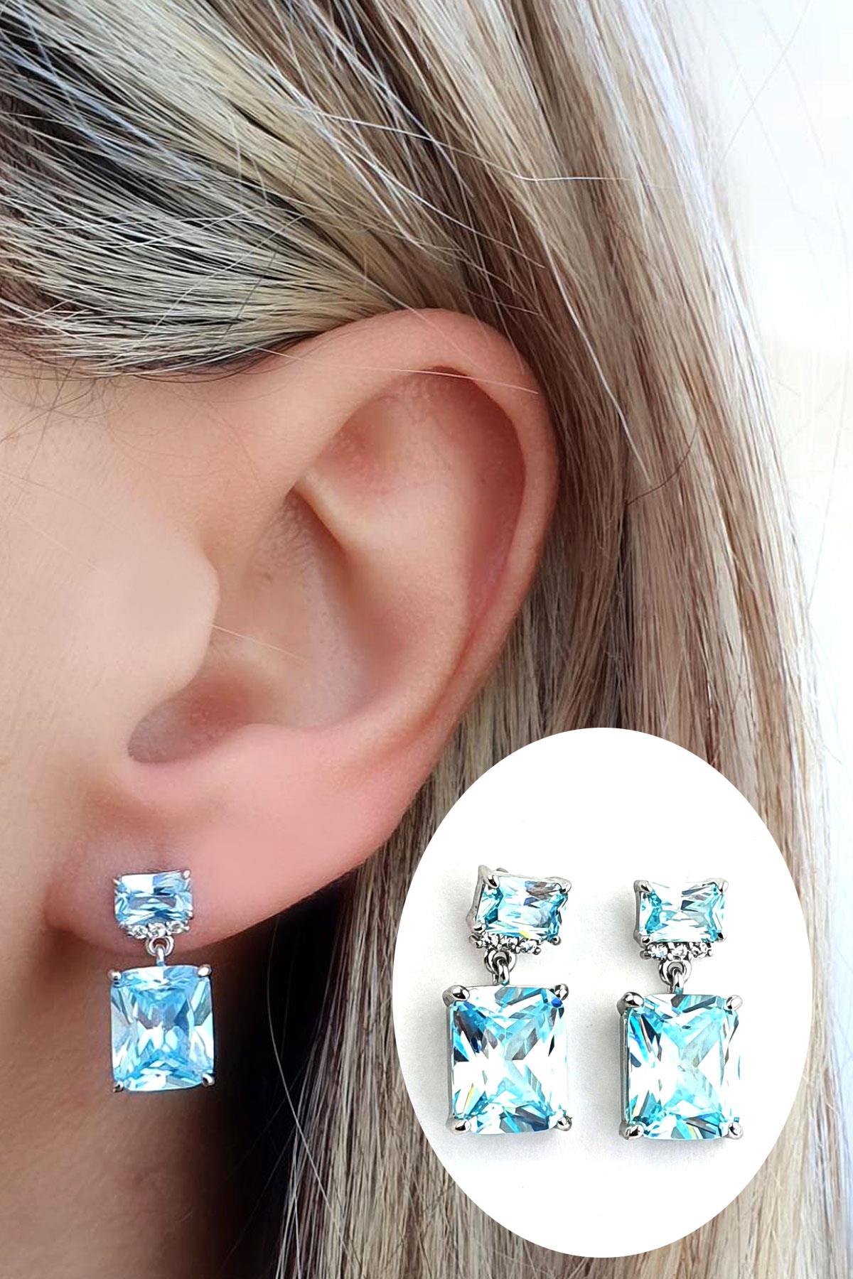 Sky Diamond blue aquamarin Taşlı 925ayar Gümüş Üzerine Altın Kaplama küpe 