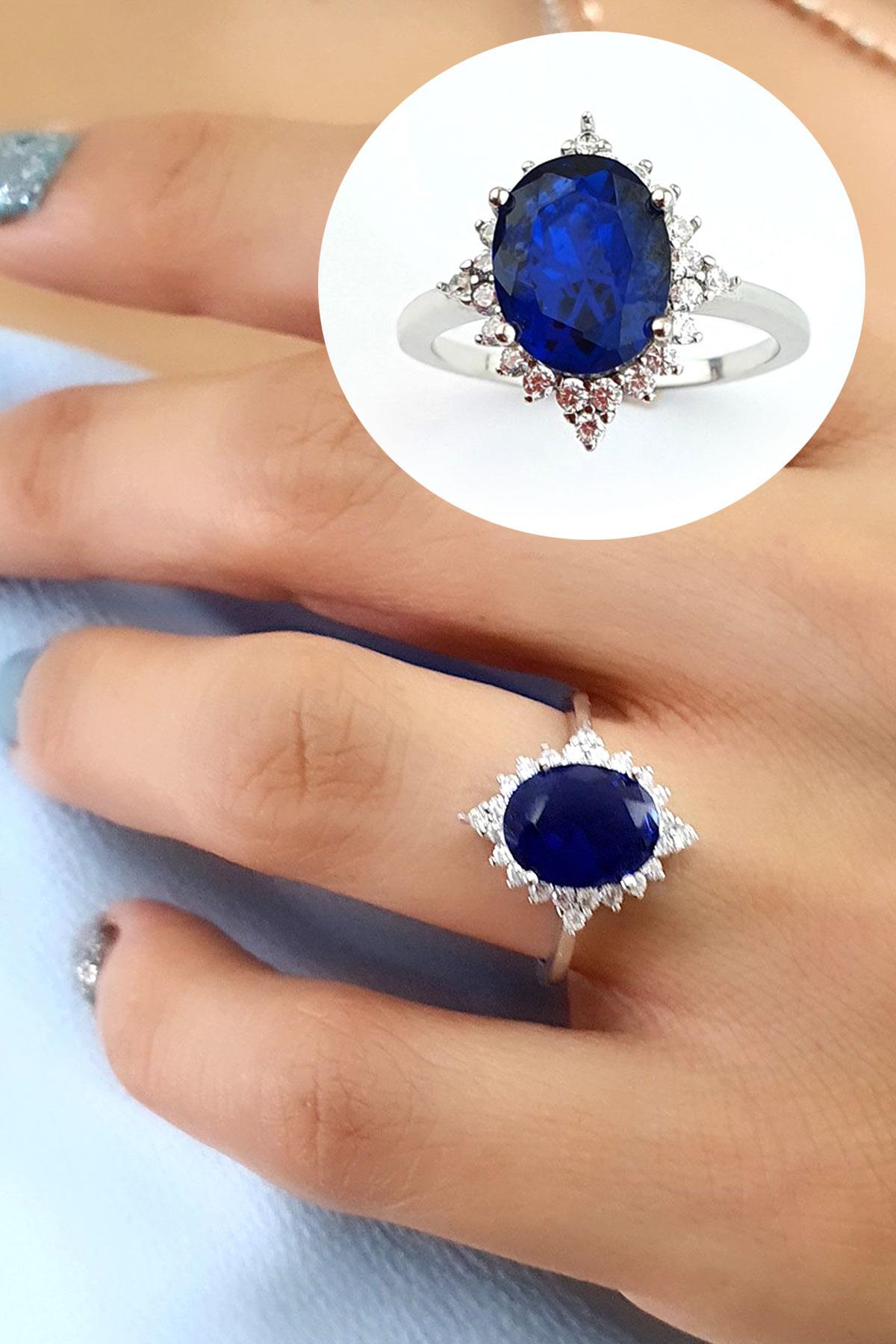 Sky Diamond Blue Creative Sapphire 925ayar Gümüş Üzerine Beyaz Altın Kaplama Oval Tek taş yüzük 
