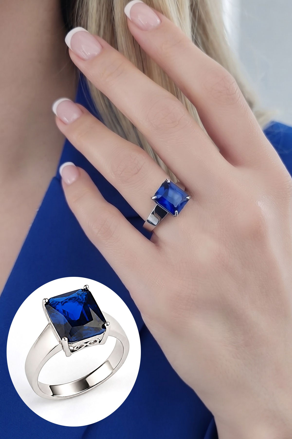 Sky diamond Blue Safir Taşlı 925ayar Gümüş Üzerine Beyaz Altın Kaplama Damla Tek Taş yüzük