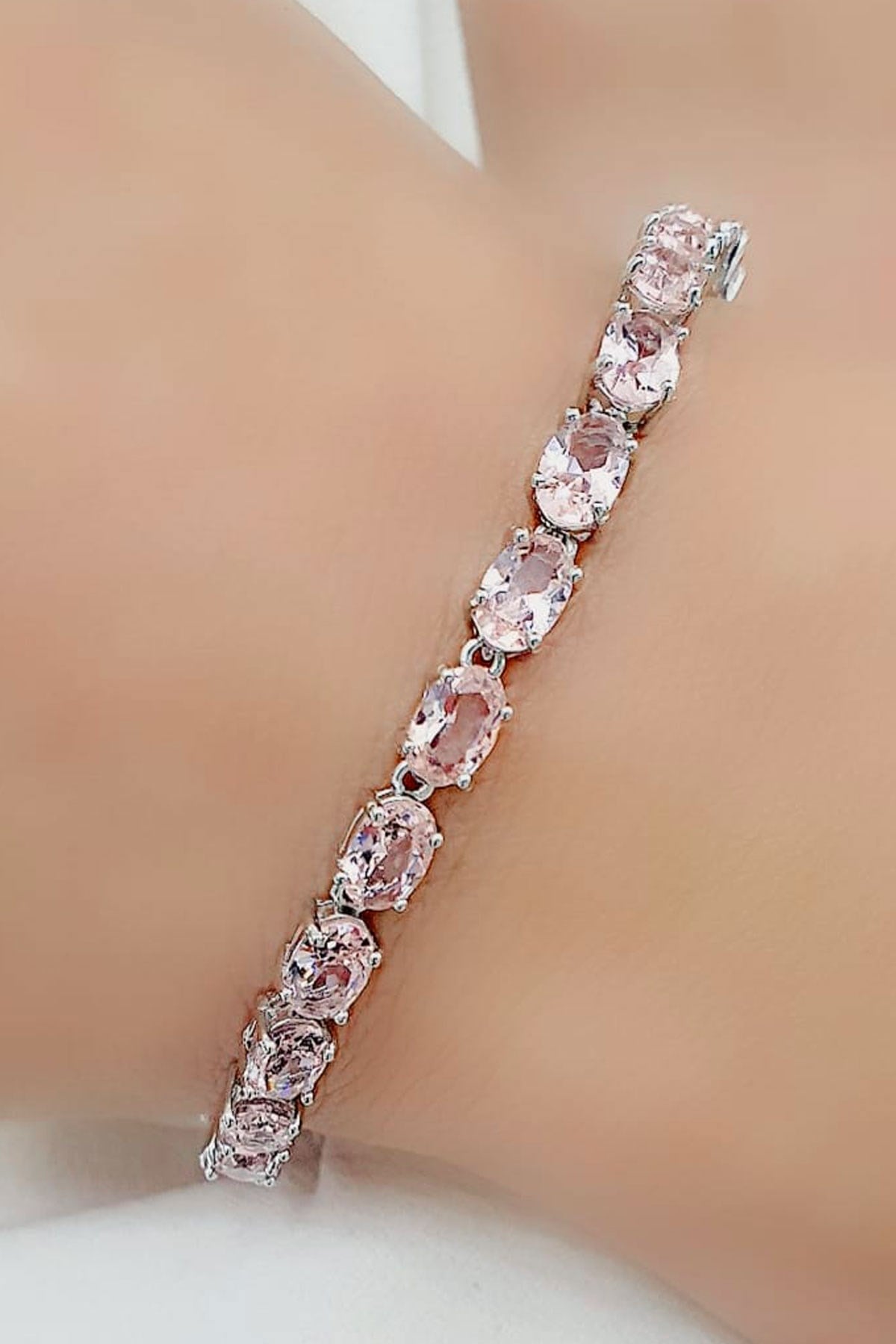 Sky Diamond Pink Morganit  Taşlı 925ayar Gümüş Su Yolu Bileklik 