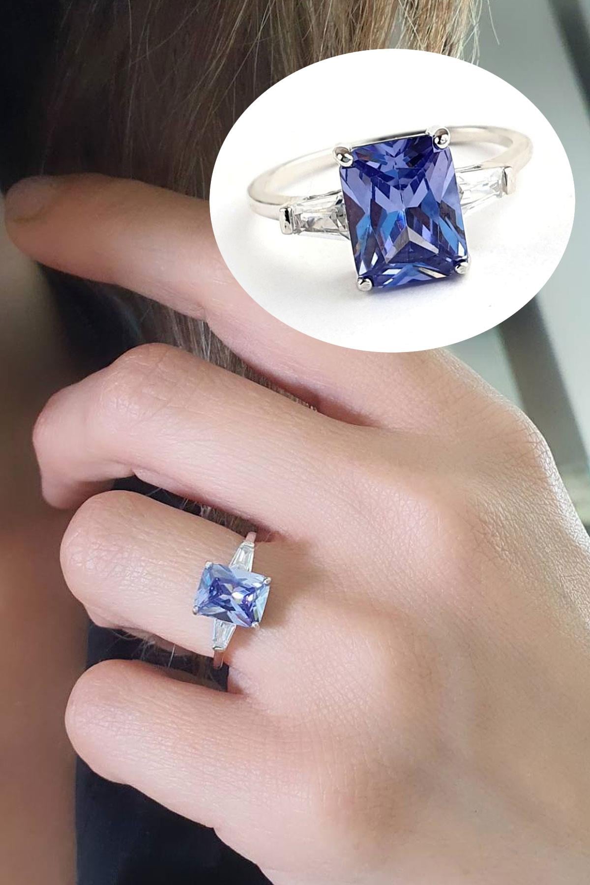 Sky Diamond purple Tanzanit Taşlı baget tek taş 925 ayar Gümüş Tasarım Yüzük
