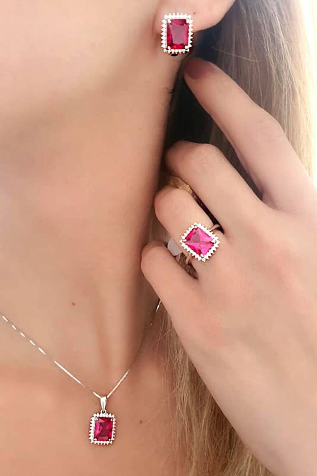 Sky Diamond Red creative rubies 925 ayar gümüş set takım