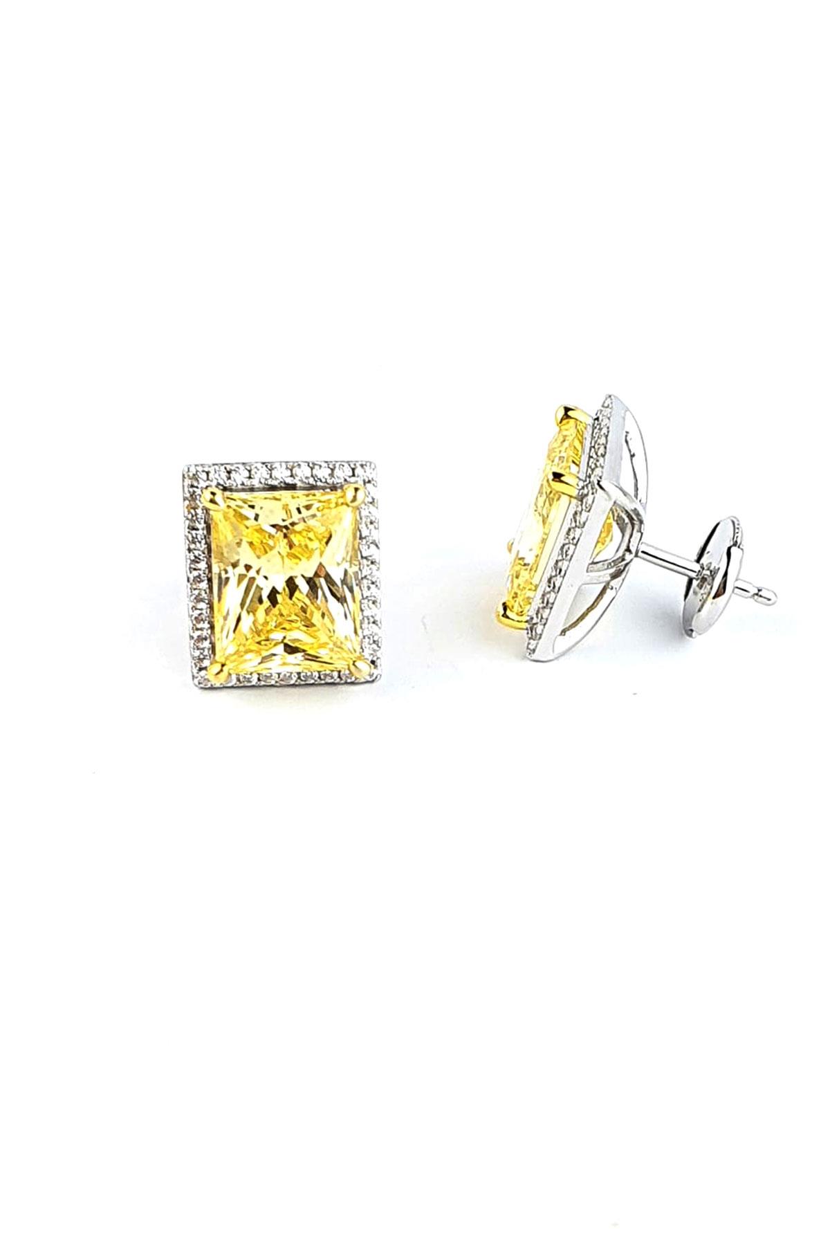 Sky Diamond Yellow Sitrin Taşlı 925ayar Gümüş Üzerine Beyaz Altın Kaplama Baget Tek Taş Küpe 