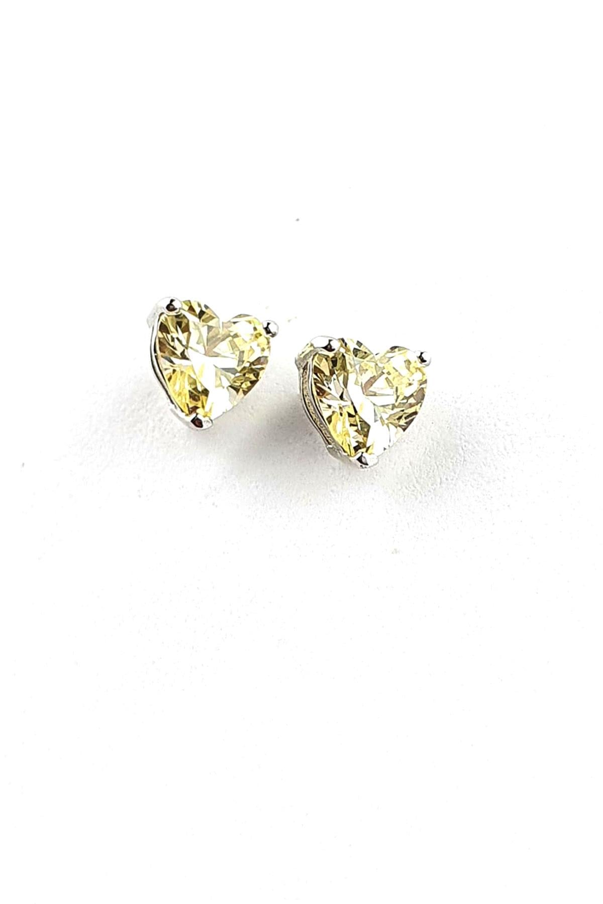 Sky Diamond Yellow Sitrin Taşlı Minimal Kalp Küpe