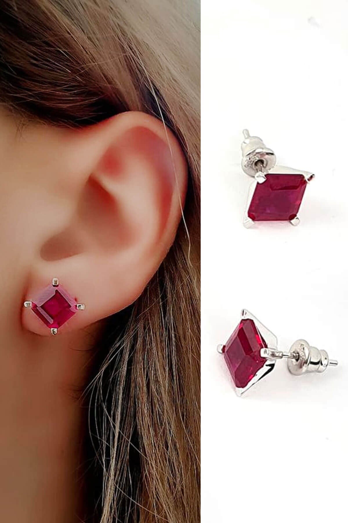 Skydiamond Red creative rubies 925 ayar gümüş kare küpe