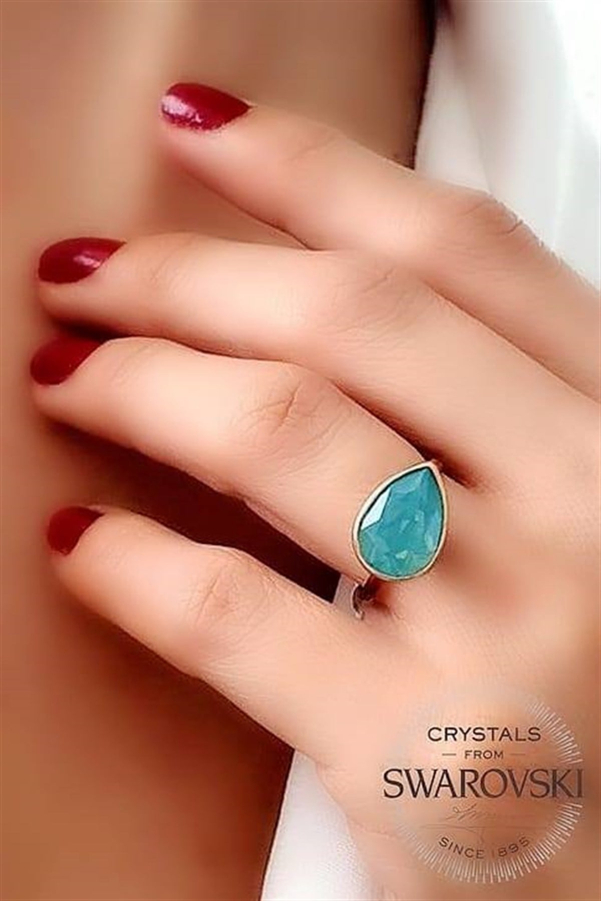 Su yeşili swarovski taşlı gümüş ayarlanabilir yüzük 