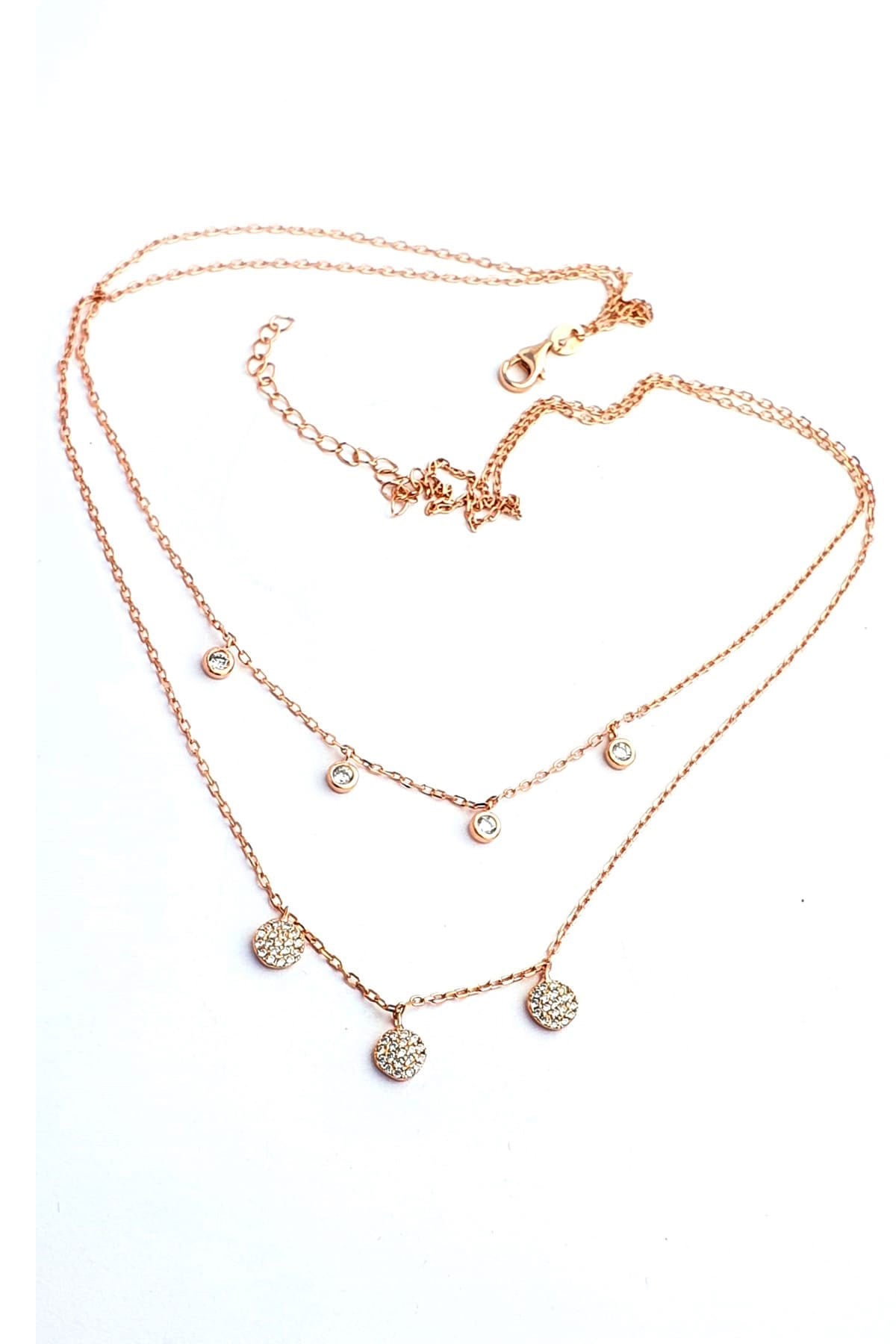Swarovski Taşlı 925 ayar Gümüş Rose İkili Kolye 