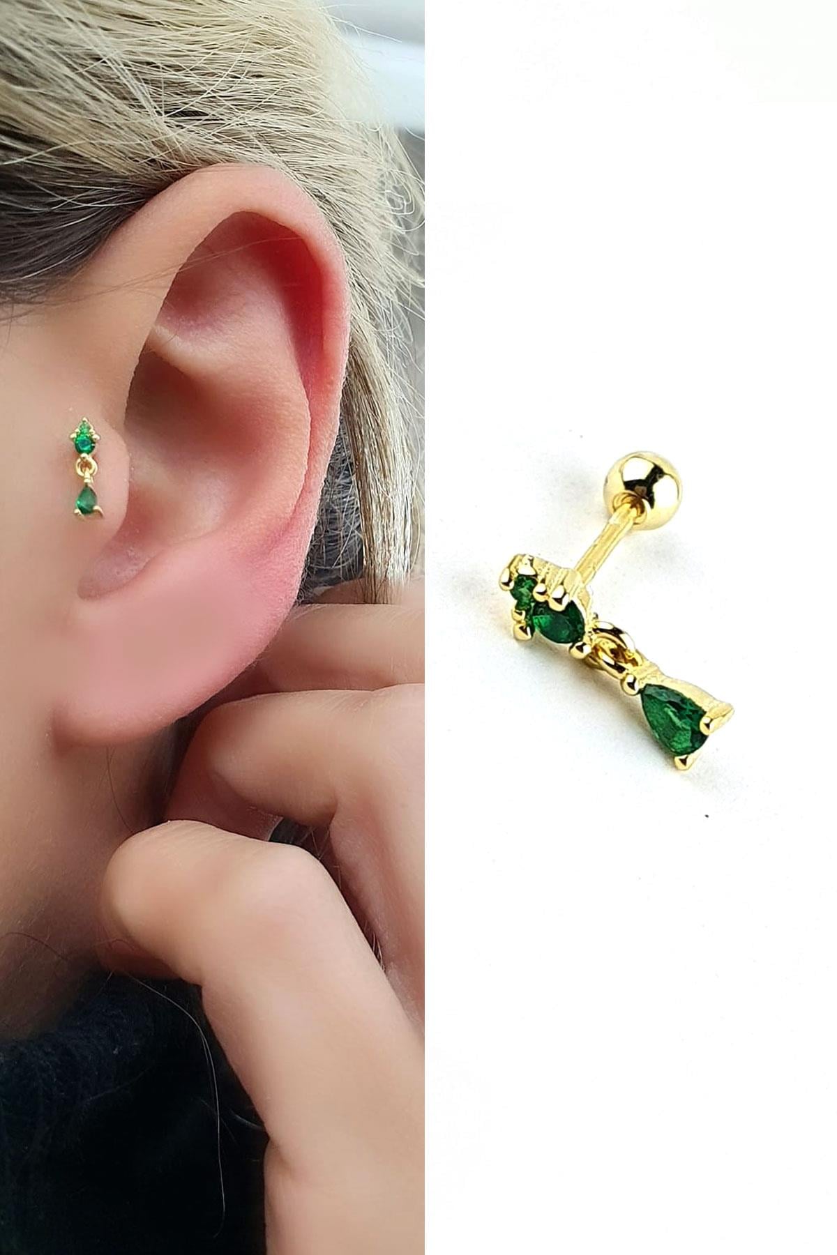 Yeşil Zirkon Taşlı 925ayar Gümüş Üzerine Altın Kaplama Sallantılı Tragus Helix Kikirdak piercing 