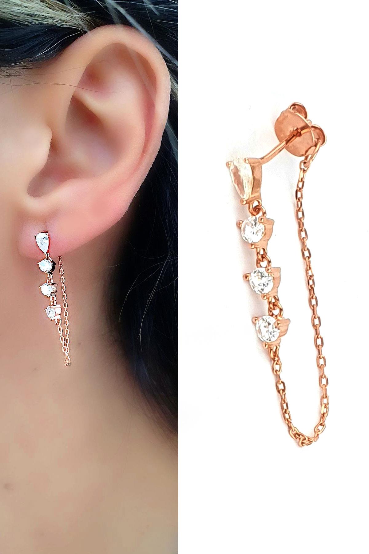 Zirkon Taş Detaylı 925ayar Gümüş Üzerine Rose Altın Kaplama Zincir Detaylı Trend Tek Küpe 