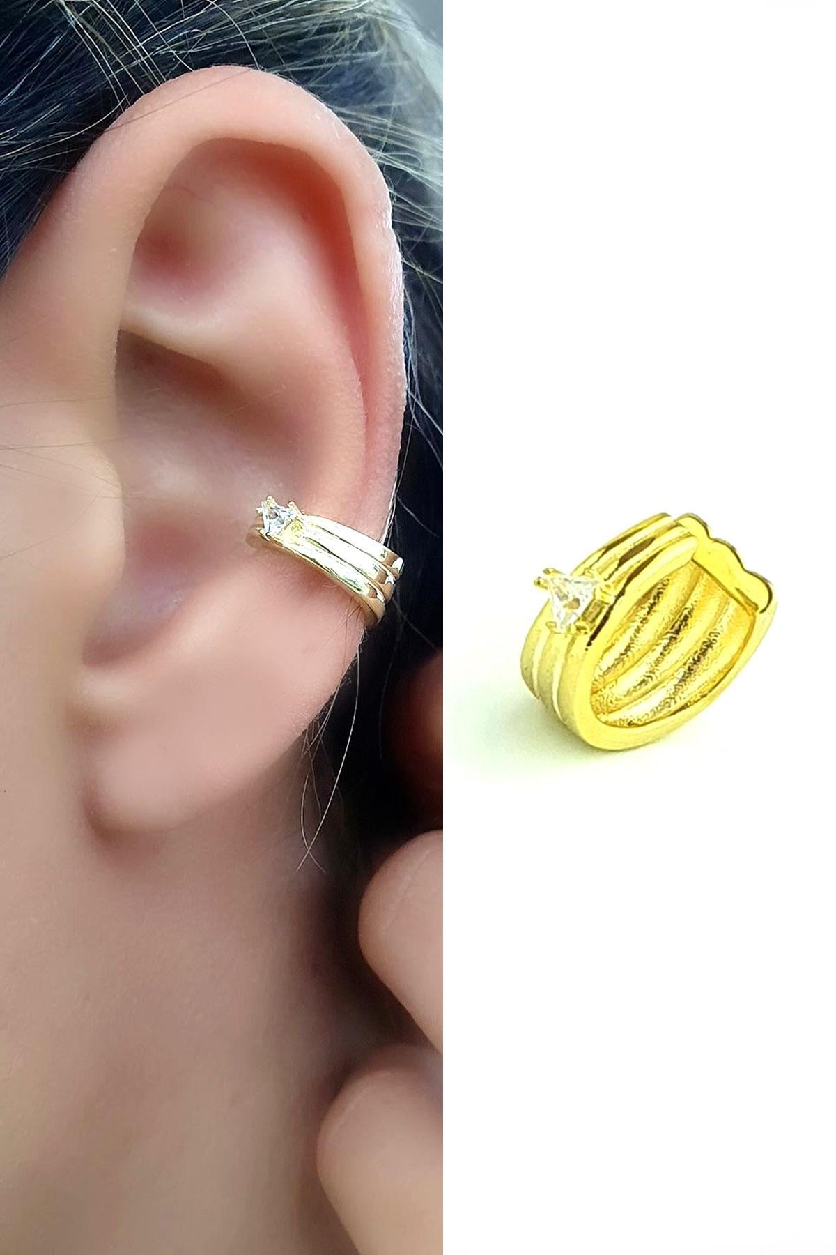 Zirkon Taş Detaylı 925ayar Gümüş Üzerine Altın Kaplama Luxury Tasarım Trend Sıkıştırmalı kıkırdak Earcuff Küpe