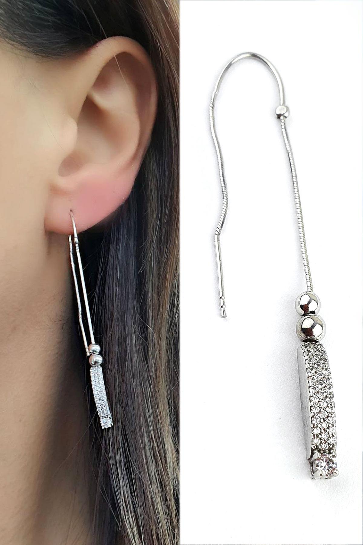 zirkon taşlı 925ayar gümüş Tasarım tek zincir küpe 