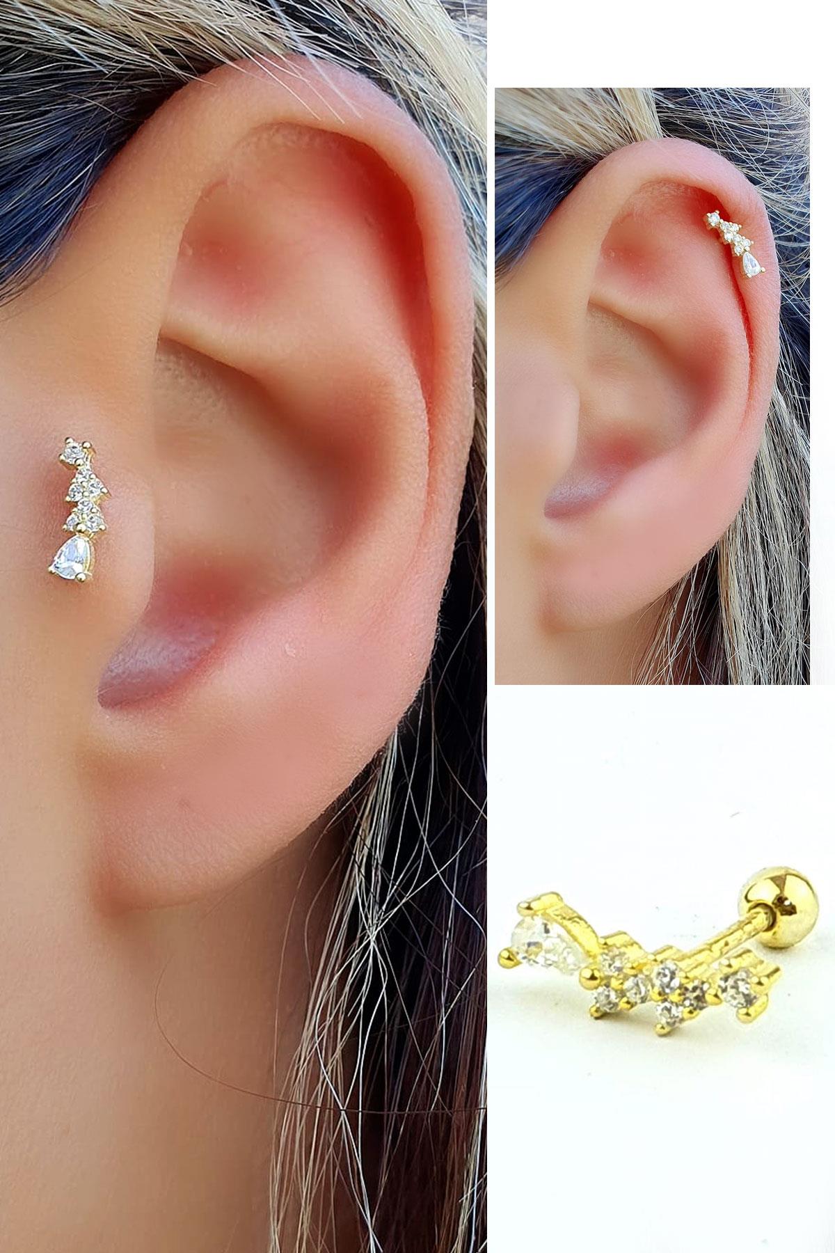Zirkon Taşlı 925ayar Gümüş Üzerine Altın Kaplama Tragus ve Helix Kikirdak piercing