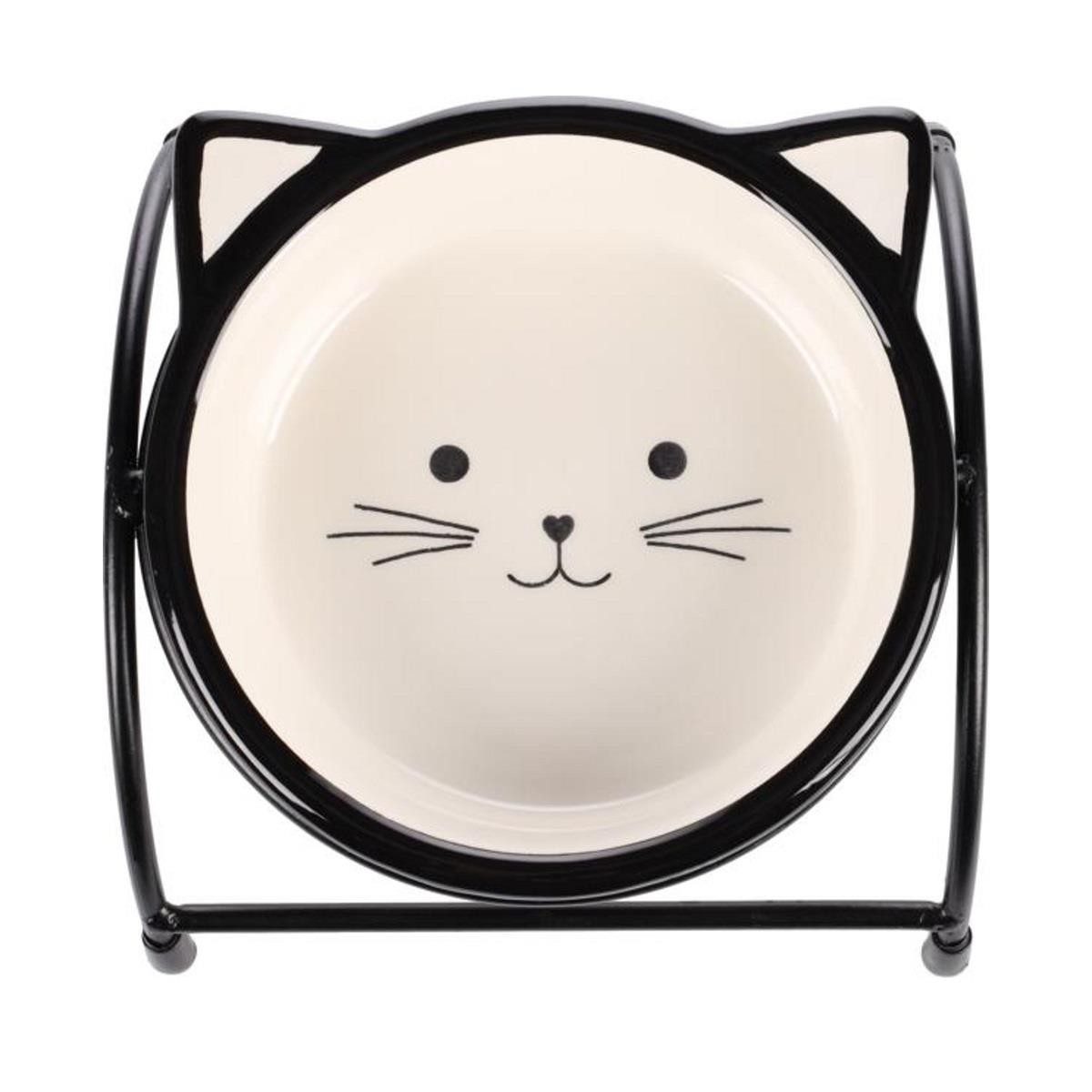Flamingo Aansu Siyah Beyaz Kedi Kulaklı Standı Seramik Mama Kabı / 230ML, Seramik Mama ve Su Kabı, Flamingo