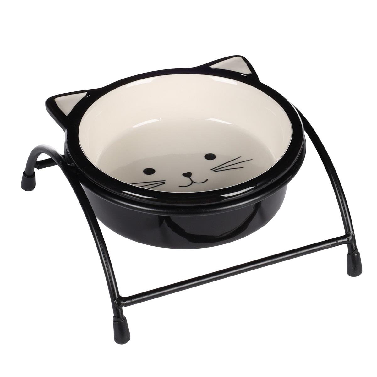 Flamingo Aansu Siyah Beyaz Kedi Kulaklı Standı Seramik Mama Kabı / 230ML, Seramik Mama ve Su Kabı, Flamingo