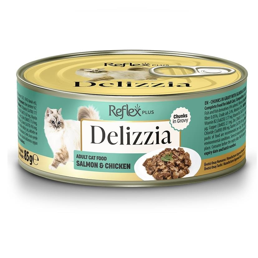 ReflexPlus Delizzia Somon ve Tavuklu Parça Etli Kedi Konservesi 85 Gr, Yetişkin Kedi Yaş Mama, Reflex
