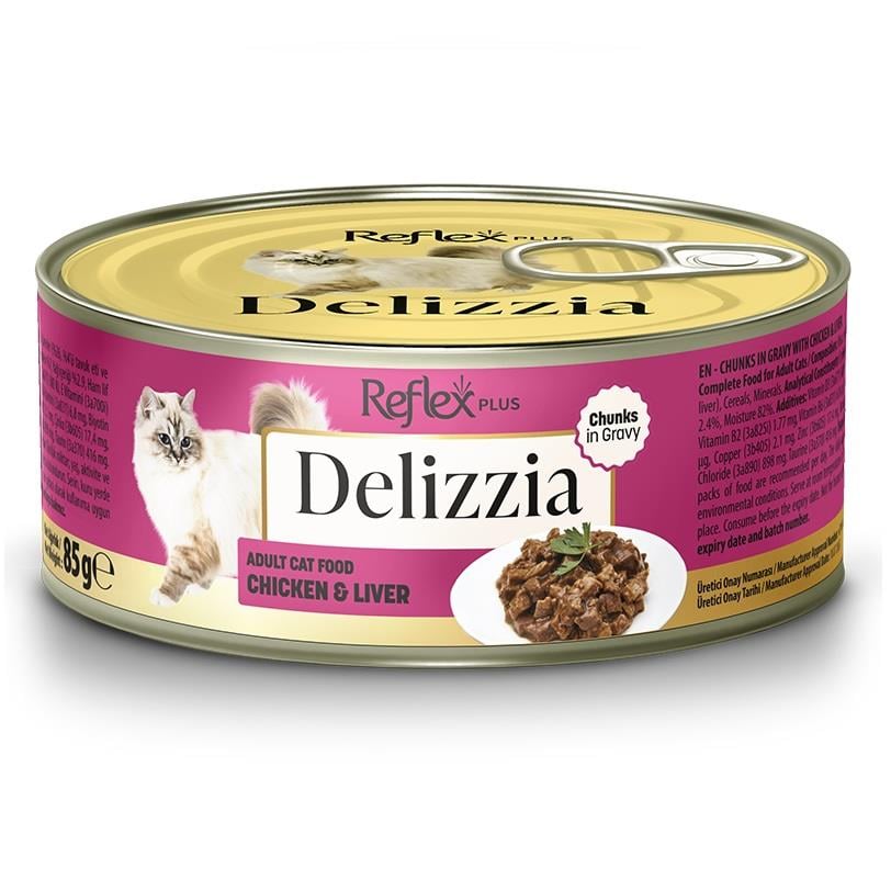 ReflexPlus Delizzia Tavuklu Ciğerli Parça Etli Kedi Konservesi 85 Gr, Yetişkin Kedi Yaş Mama, Reflex