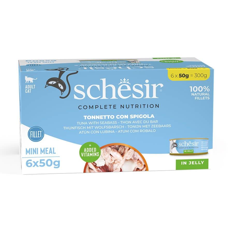 Schesir Tam ve Dengeli Ton Balığı ile Levrekli Jöle İçinde Kedi Konservesi Multipack 6x50g, Yetişkin Kedi Yaş Mama, Schesir