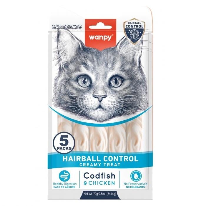 Wanpy Hairball Control Morina Balığı&Tavuk Kedi Ödülü 5x14gr, Kedi Ödül Maması, Wanpy