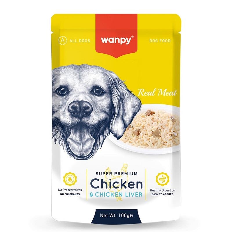 Wanpy Pouch Tavuk&Ciğer Yaş Köpek Maması 100 gr, Yaş Yetişkin Köpek Maması, Wanpy
