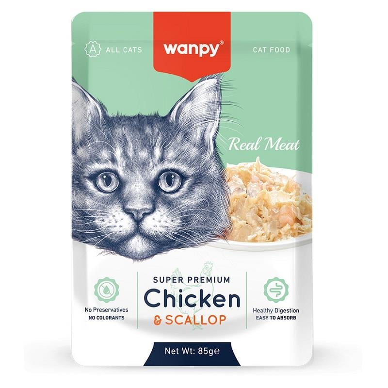 Wanpy Pouch Tavuklu & Deniz Taraklı Yaş Kedi Maması 85 gr, Yetişkin Kedi Yaş Mama, Wanpy