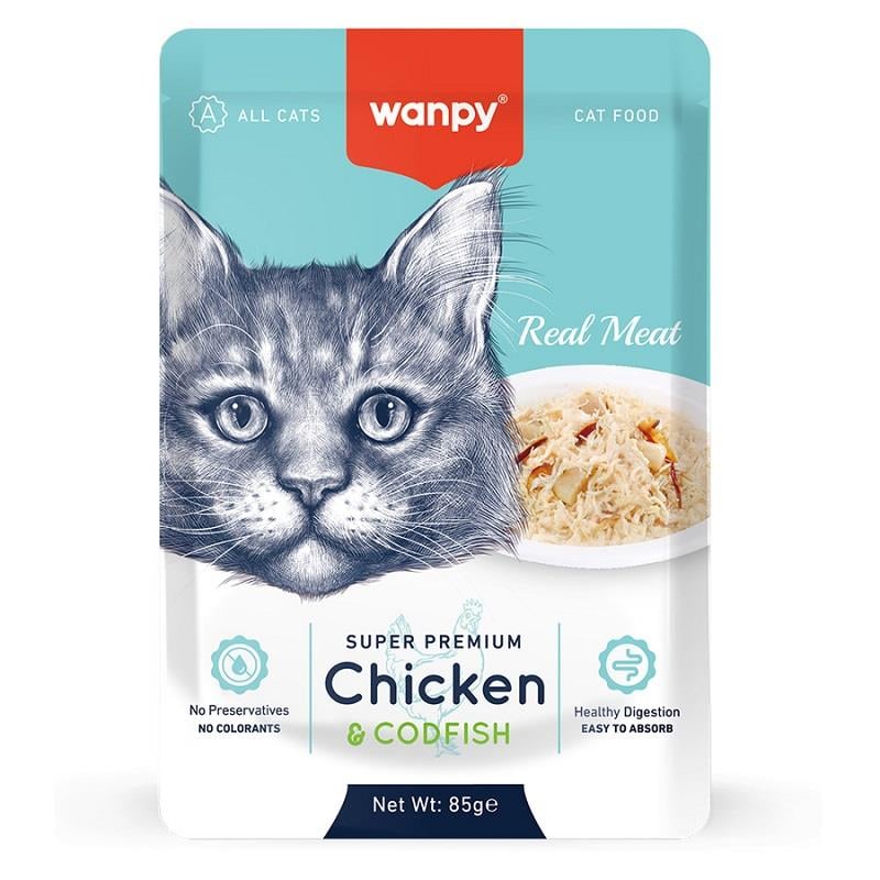 Wanpy Pouch Tavuklu & Morina Balıklı Yaş Kedi Maması 85 gr, Yetişkin Kedi Yaş Mama, Wanpy