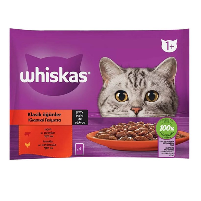 Whiskas Klasik Öğünler Soslu Etli 4'lü Paket, Yetişkin Kedi Yaş Mama, Whiskas