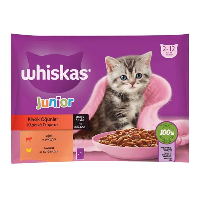 Whiskas Pouch Etli Seçenekler Yavru 4'lü Paket, Yavru Kedi Yaş Mama, Whiskas