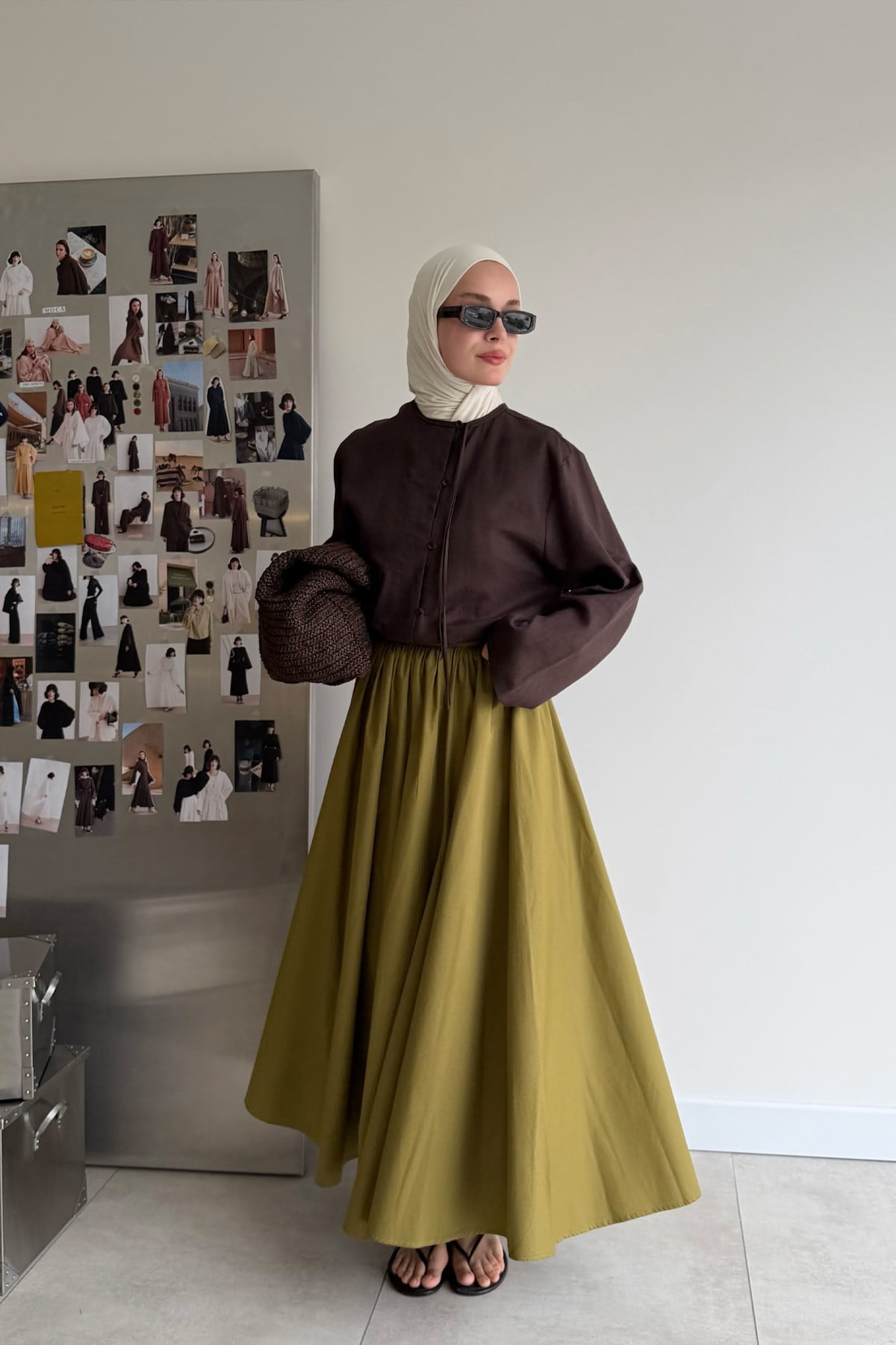 Aria Pileli Poplin Etek Olive