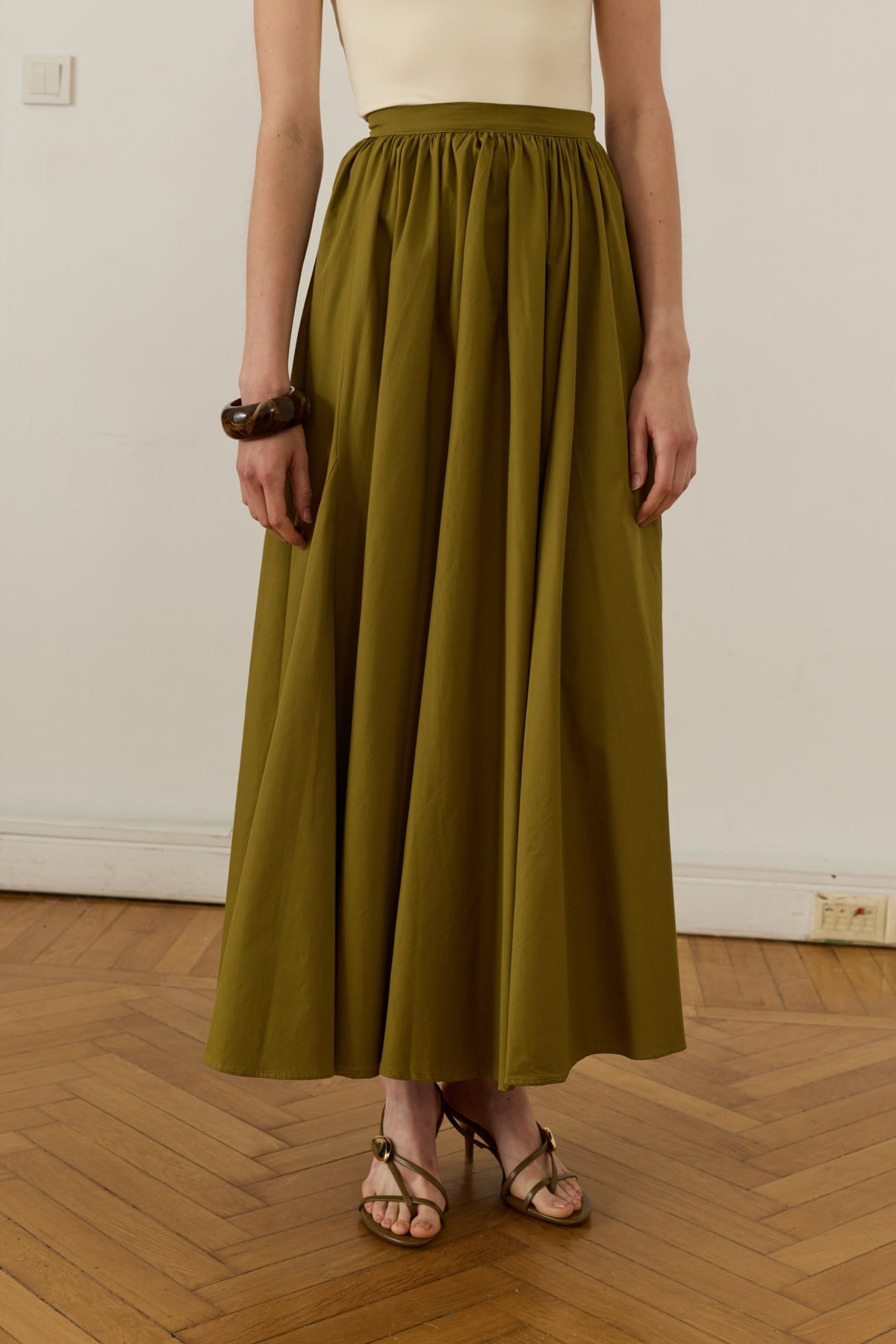Aria Pileli Poplin Etek Olive