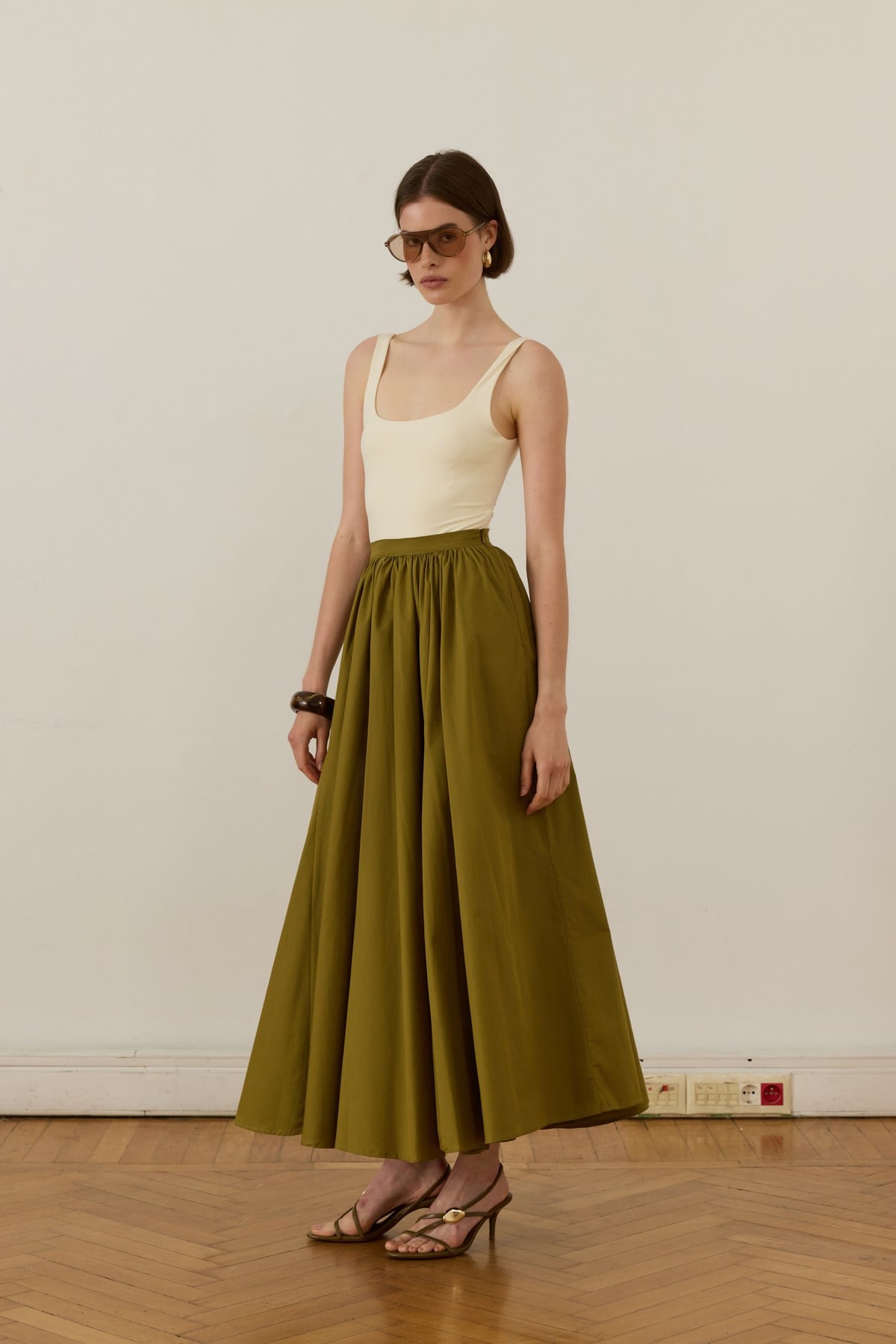 Aria Pileli Poplin Etek Olive