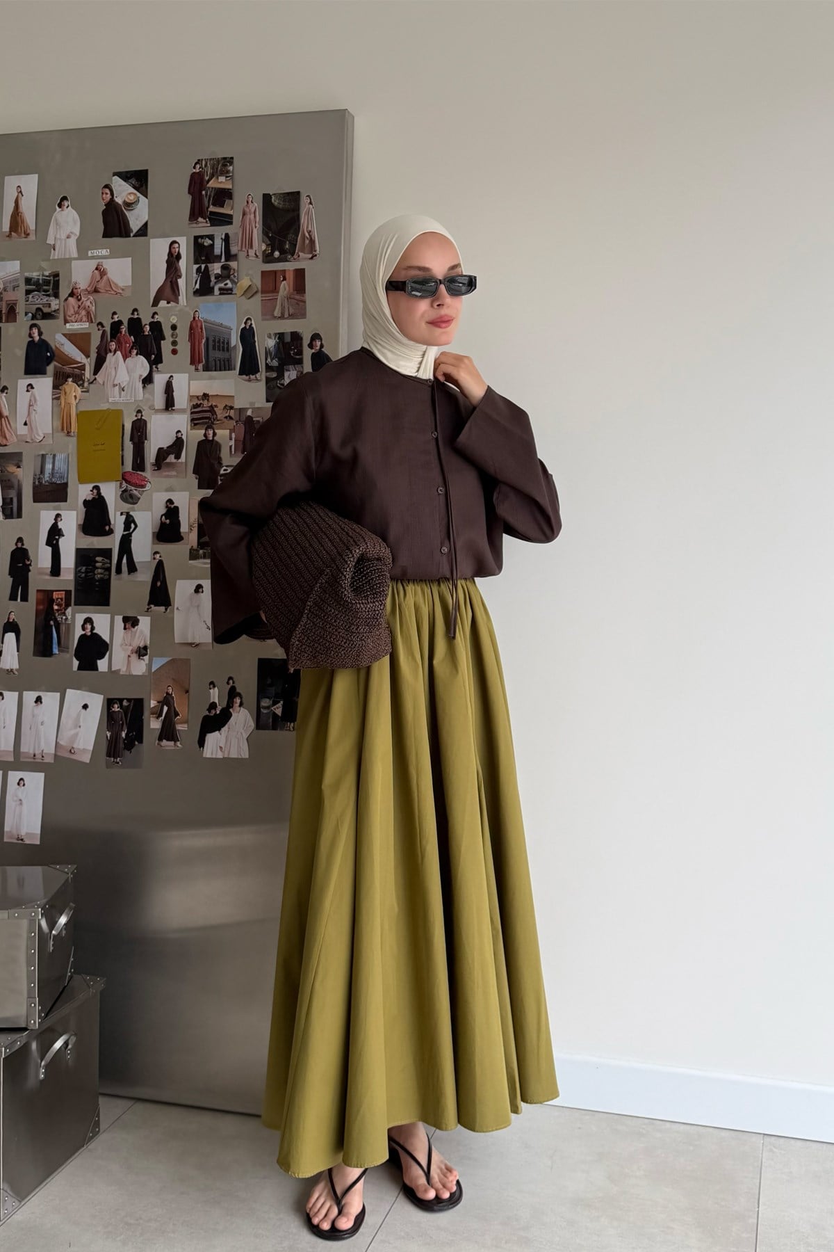 Aria Pileli Poplin Etek Olive