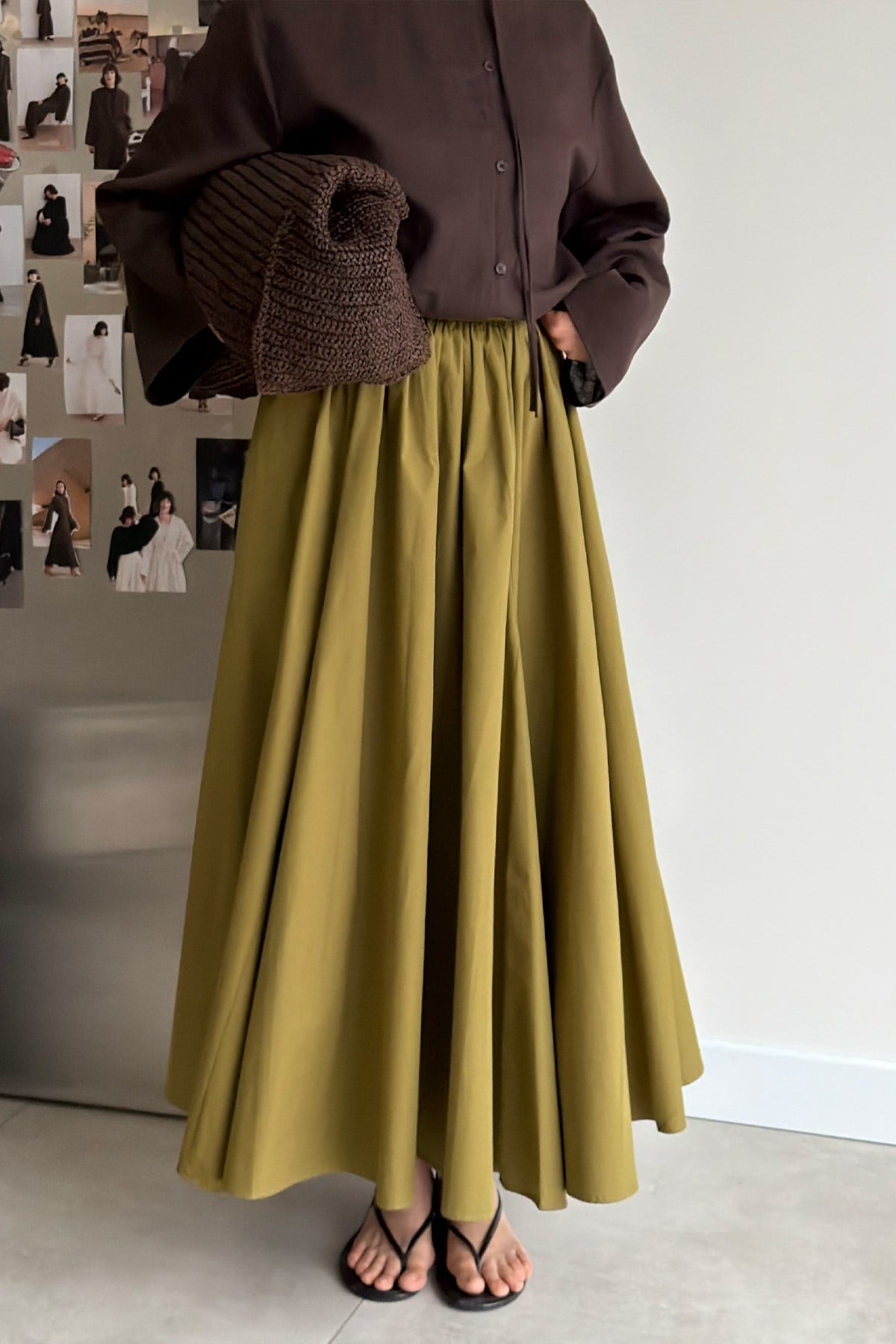 Aria Pileli Poplin Etek Olive