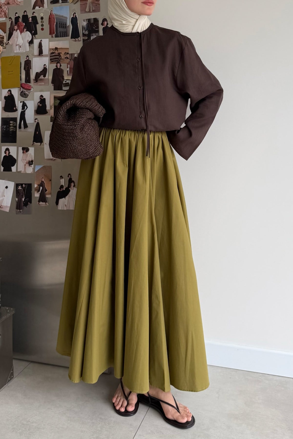 Aria Pileli Poplin Etek Olive