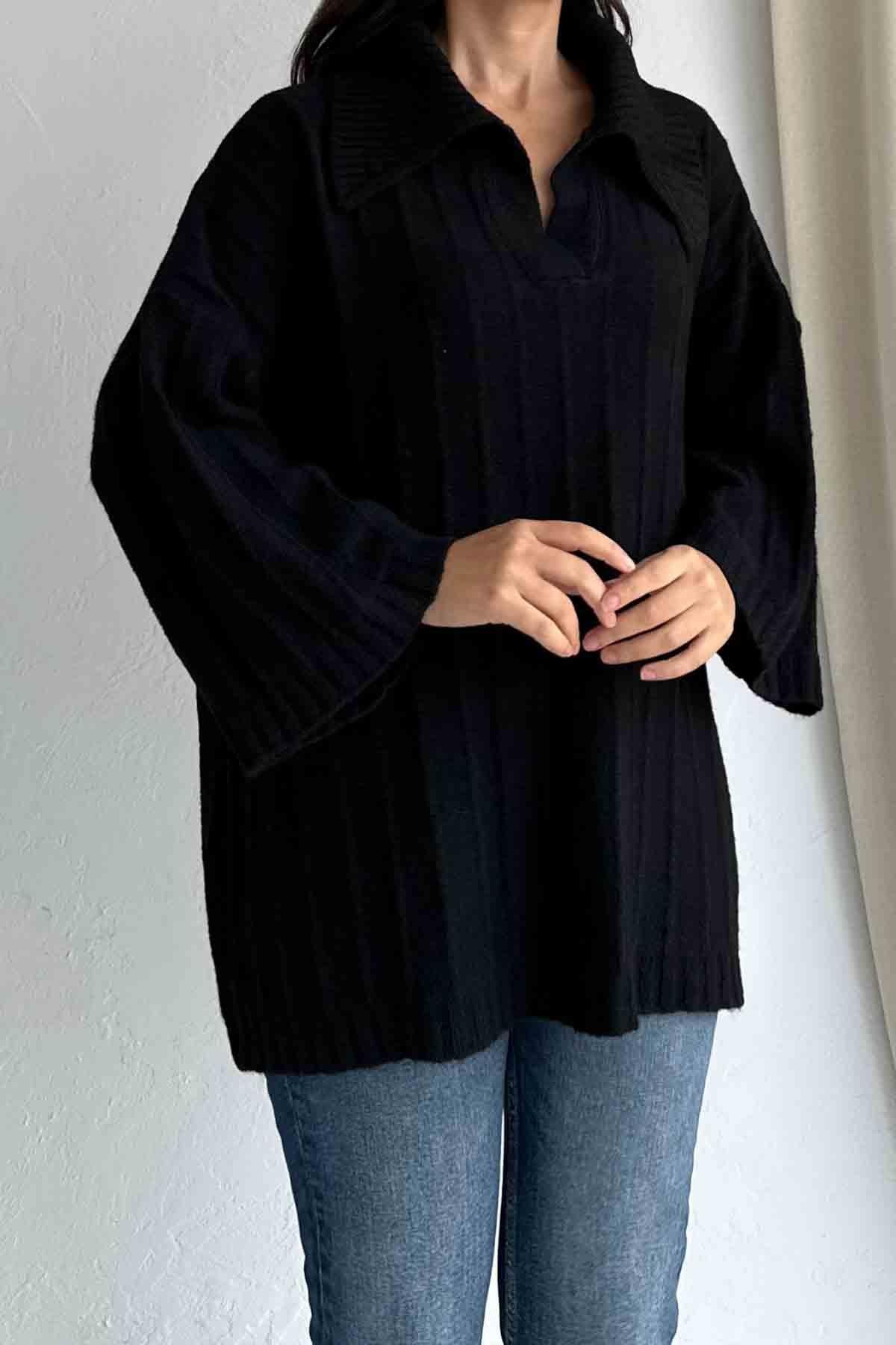 Kadın Polo Yaka Siyah Kazak