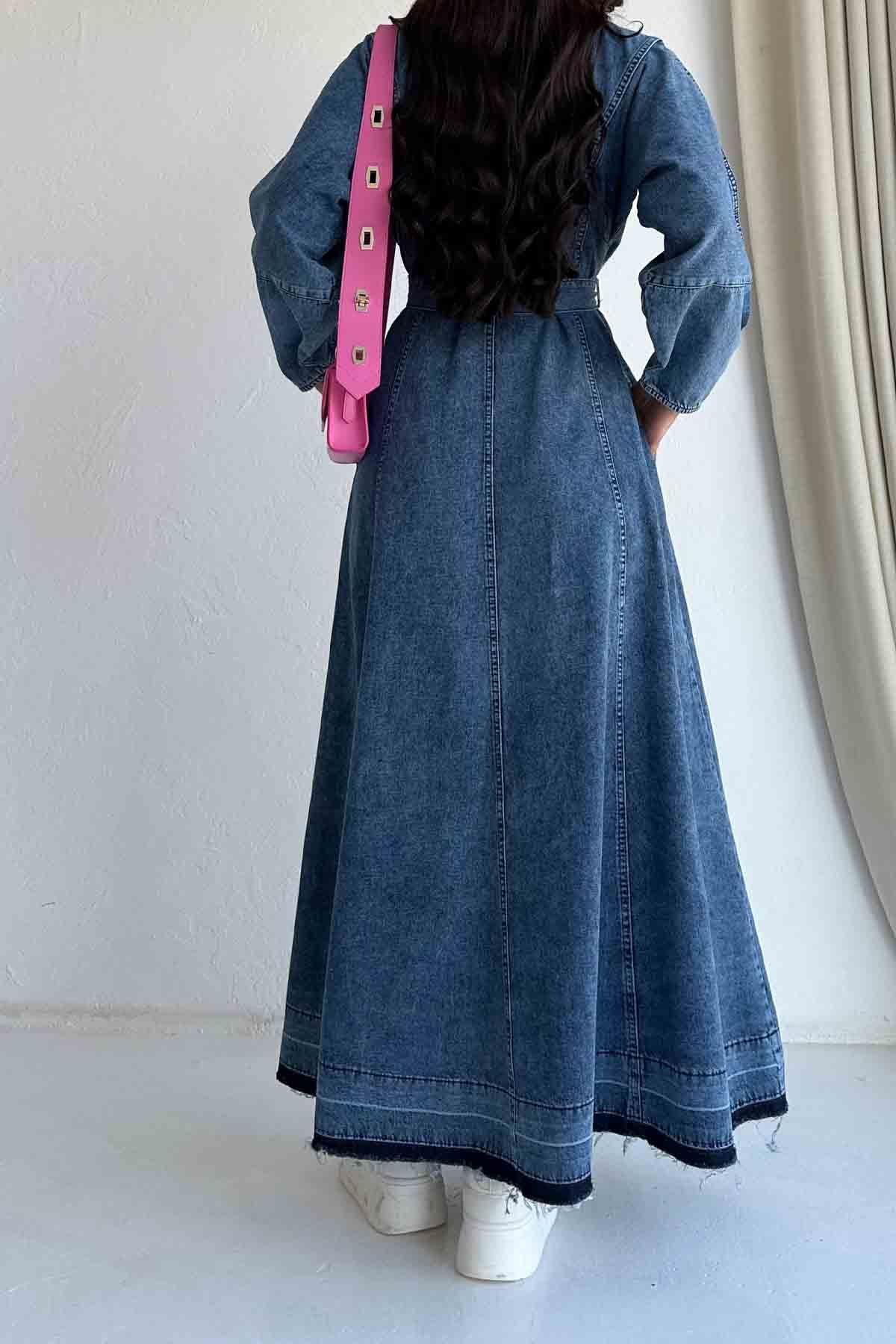 Kendiliğinden Şerit Detaylı Seyyar Kemerli Mavi Denim Elbise 