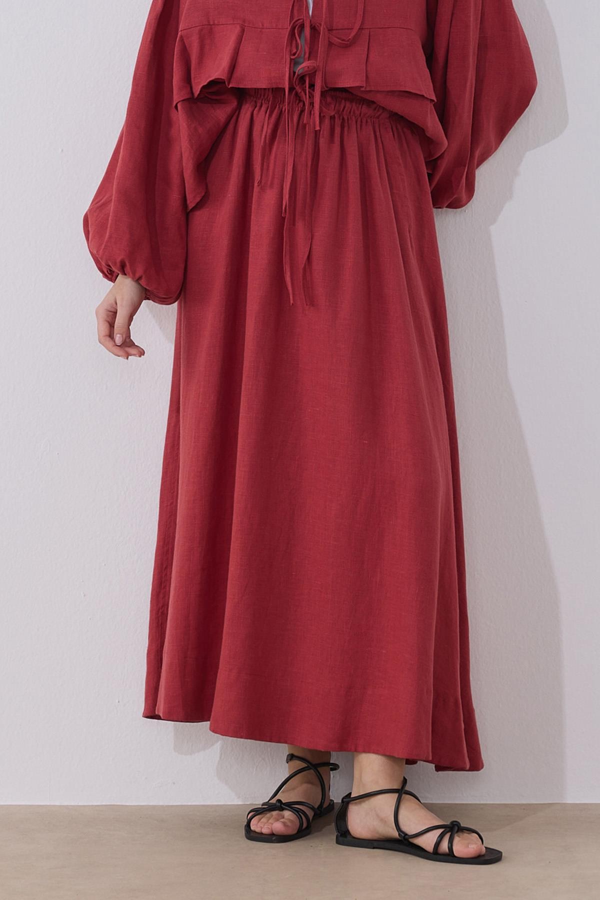 Kırmızı %100 Keten Day Kloş Etek