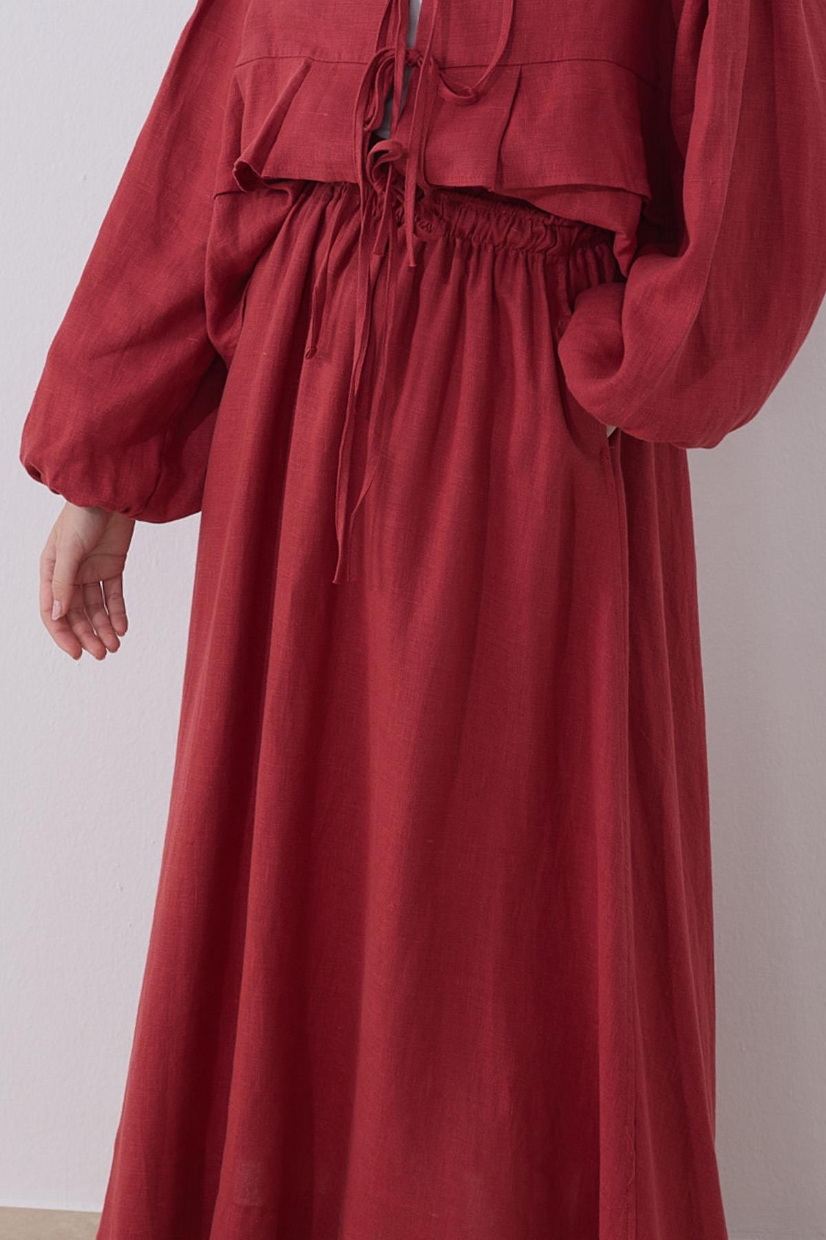 Kırmızı %100 Keten Day Kloş Etek