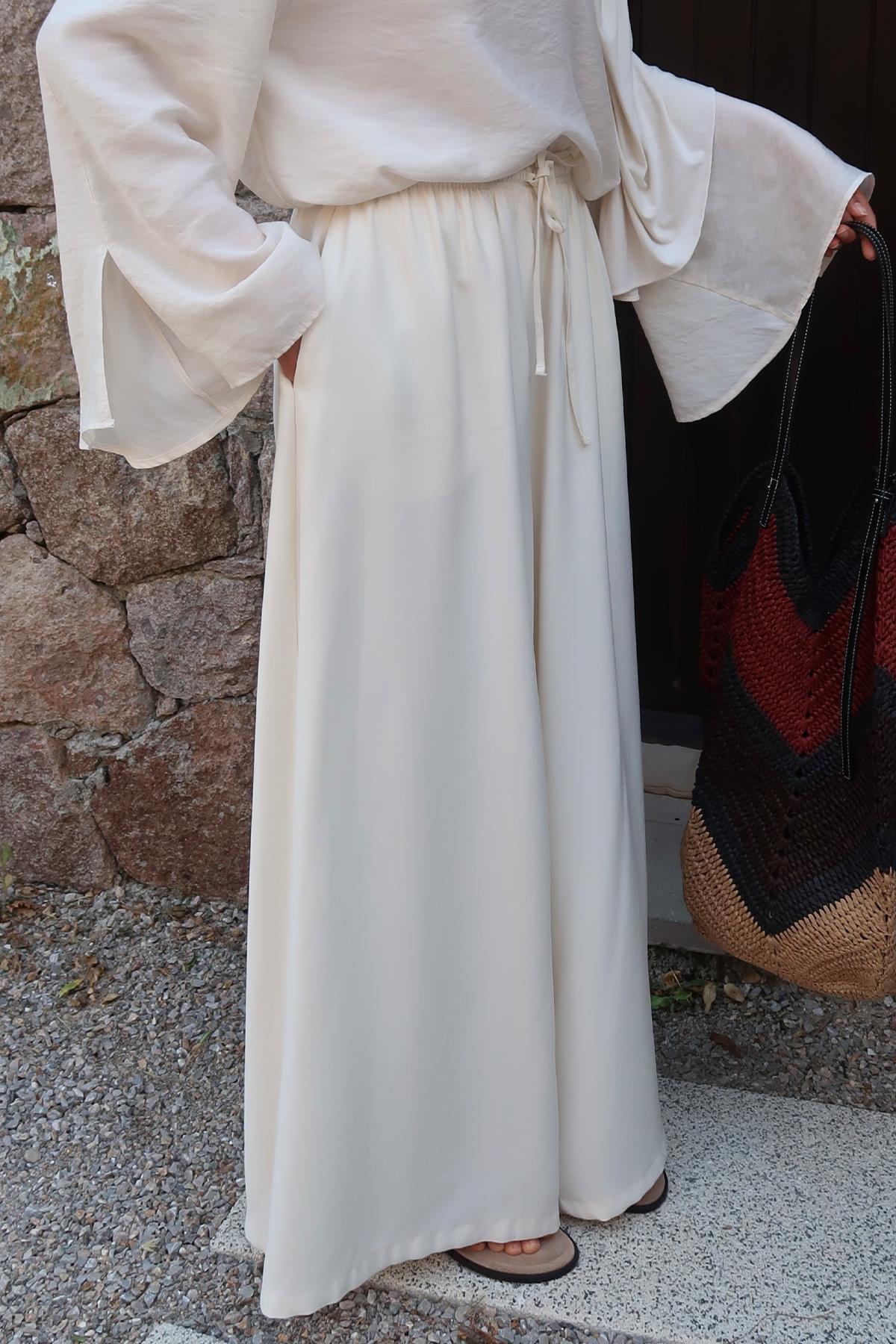 Krem Wide Leg Pantolon
