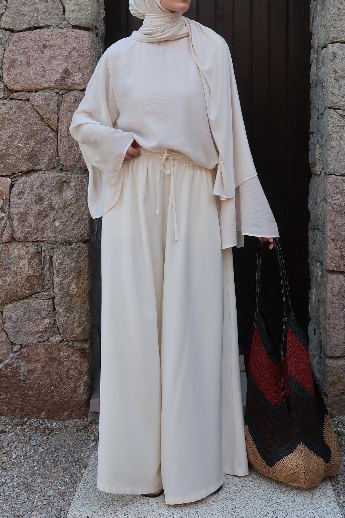 Krem Wide Leg Pantolon