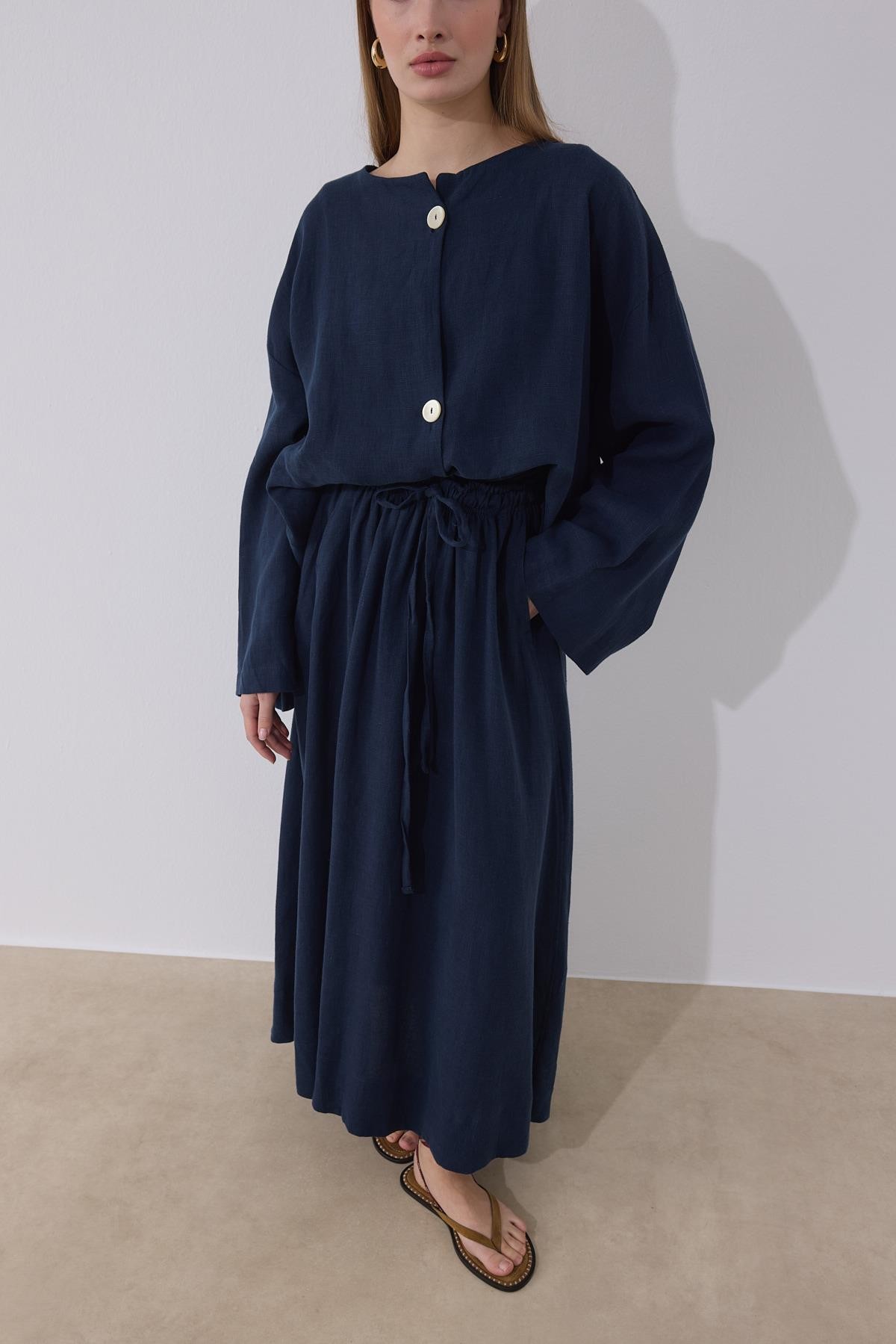 Lacivert Kuşaklı Etek