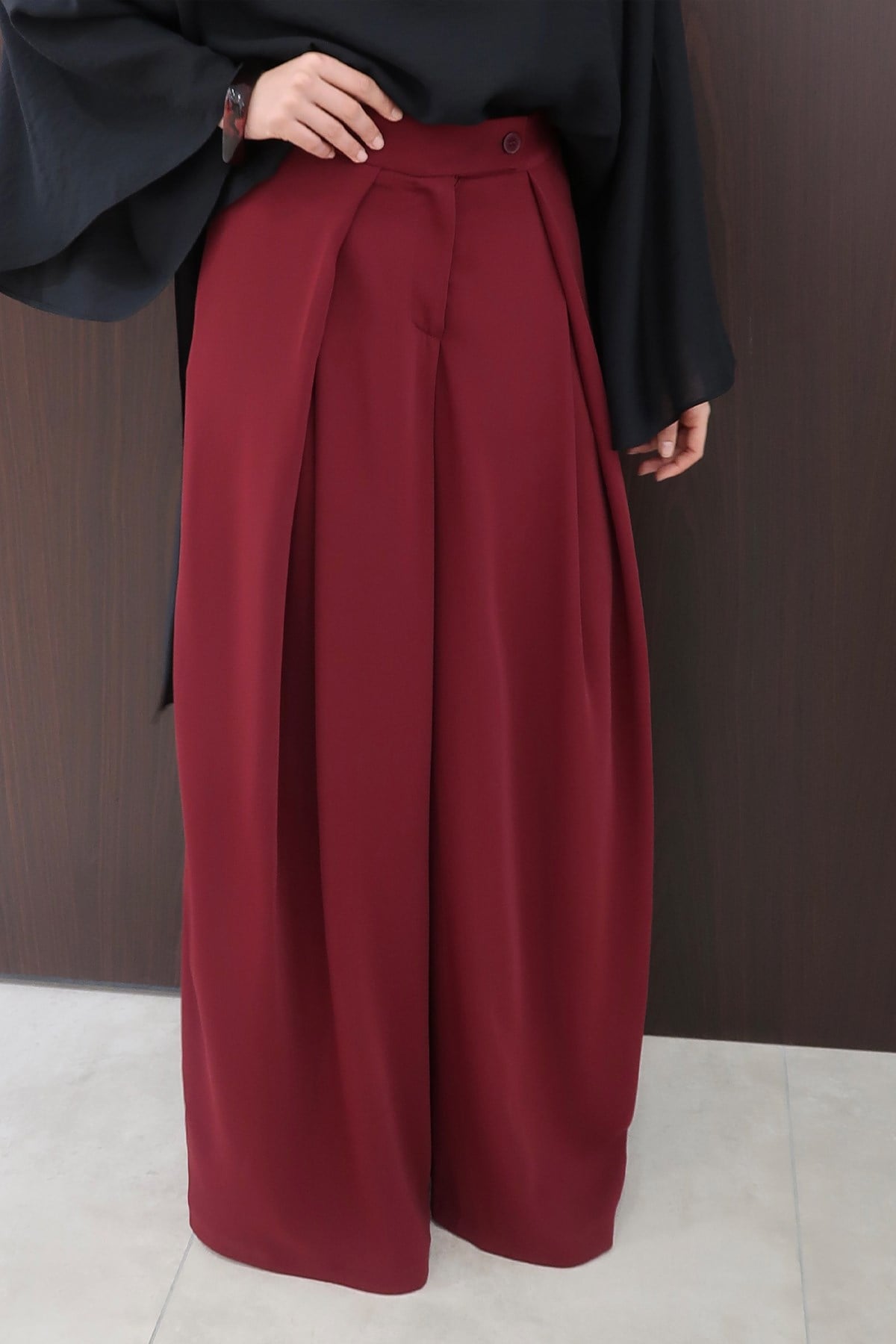 Leona Volanlı Geniş Paça Pantolon Bordo