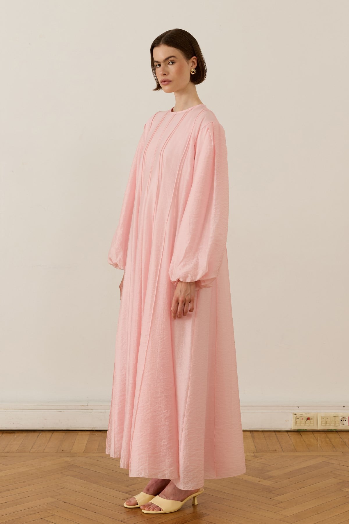Monroe Nervür Dikişli Uzun Elbise Soft Pembe