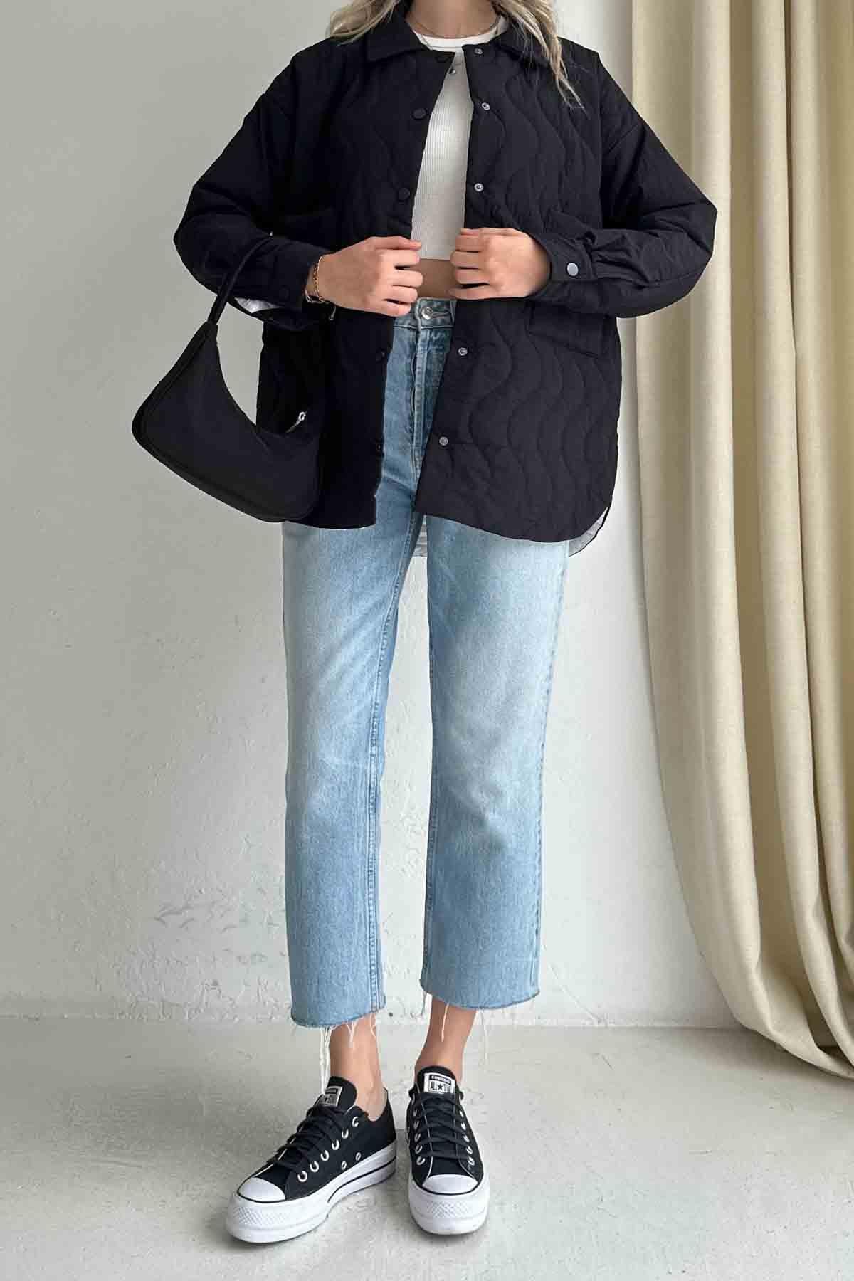 Torba Cepli Çıtçıtlı Kapitone Kısa Siyah Mont