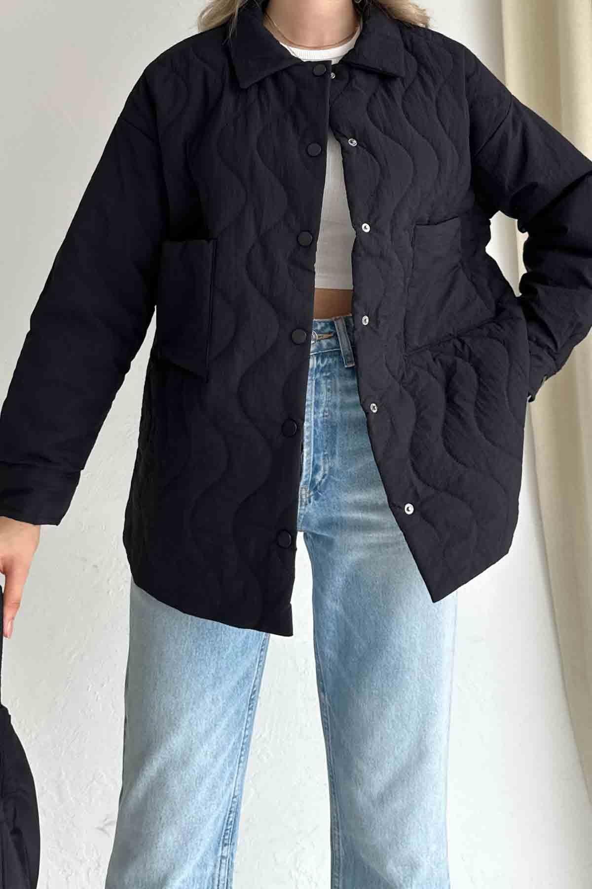 Torba Cepli Çıtçıtlı Kapitone Kısa Siyah Mont