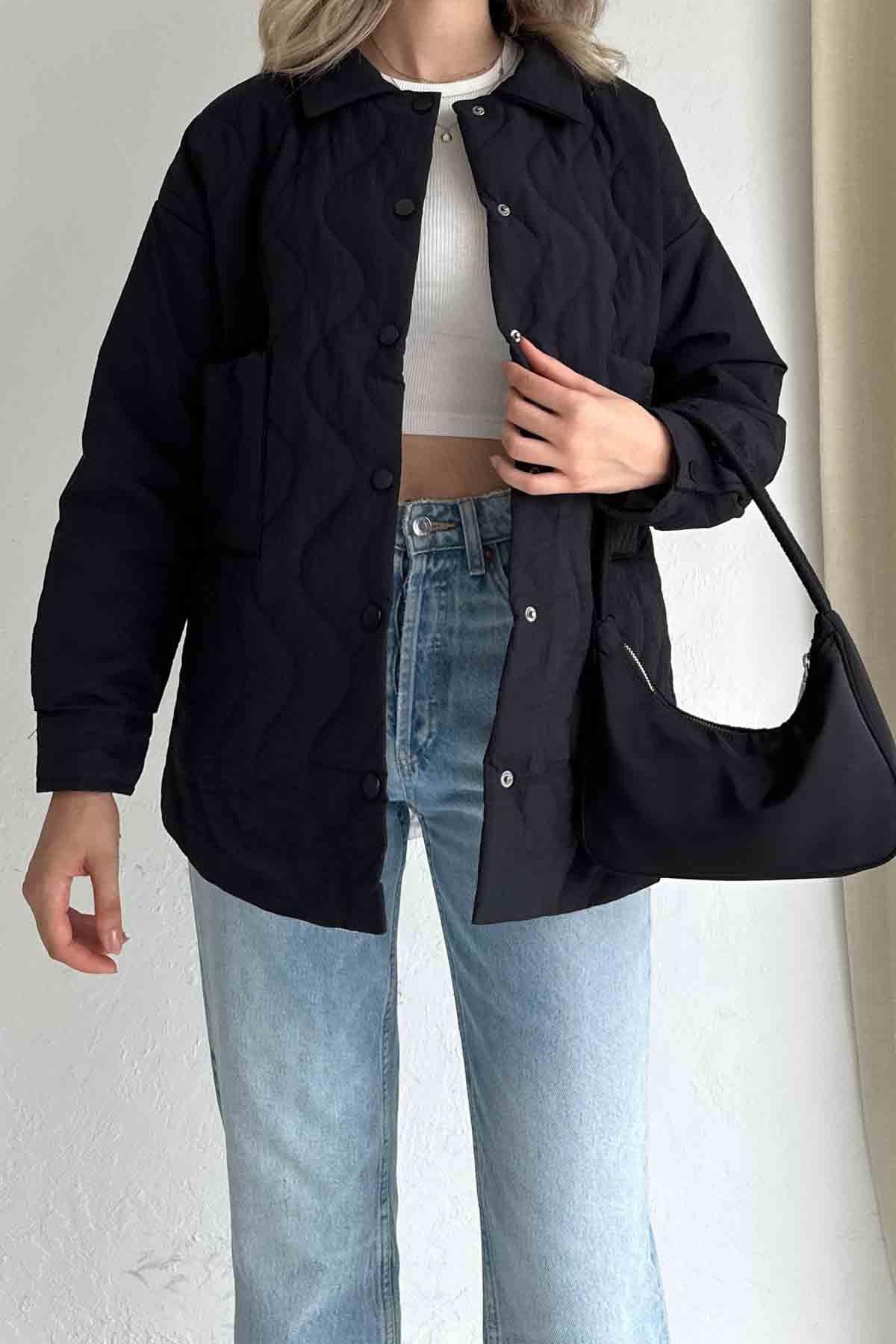 Torba Cepli Çıtçıtlı Kapitone Kısa Siyah Mont