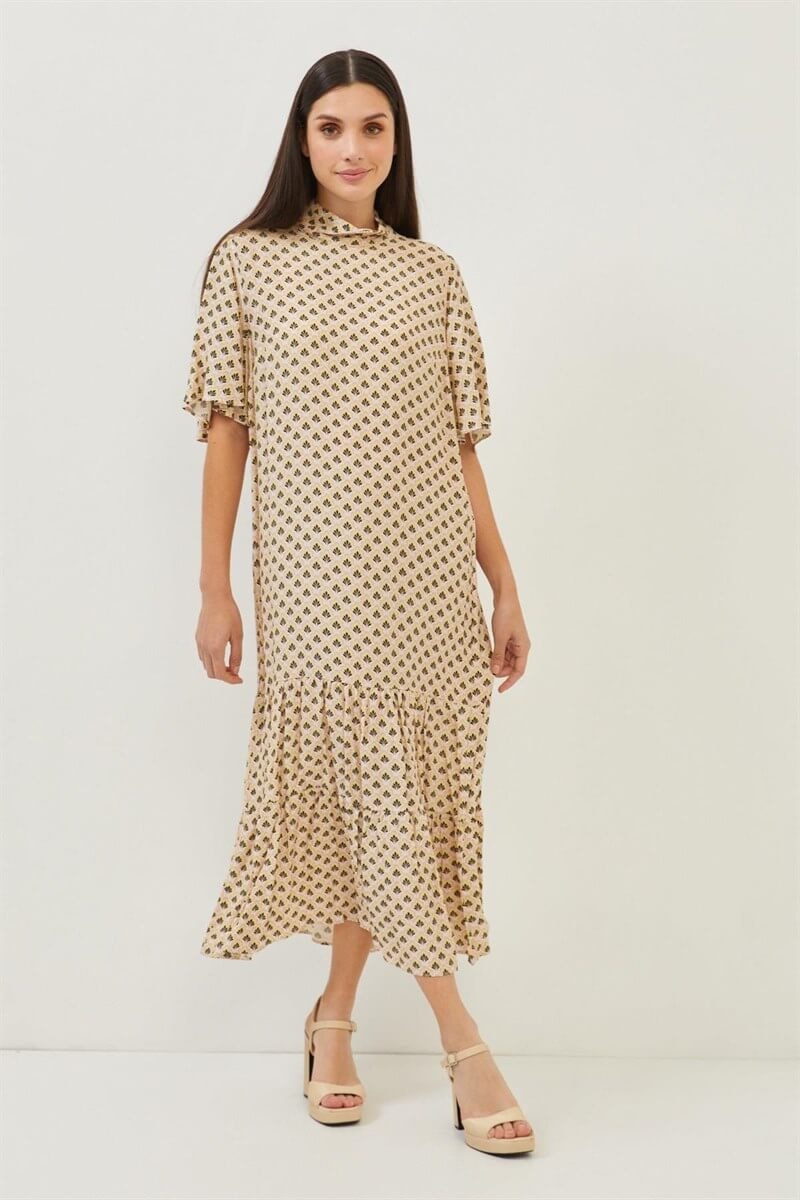 Bej-Pembe Kısa Kol Desenli Oversize ElbiseST060S40125701