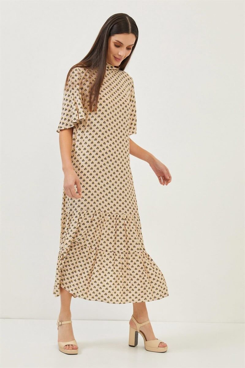 Bej-Pembe Kısa Kol Desenli Oversize ElbiseST060S40125701